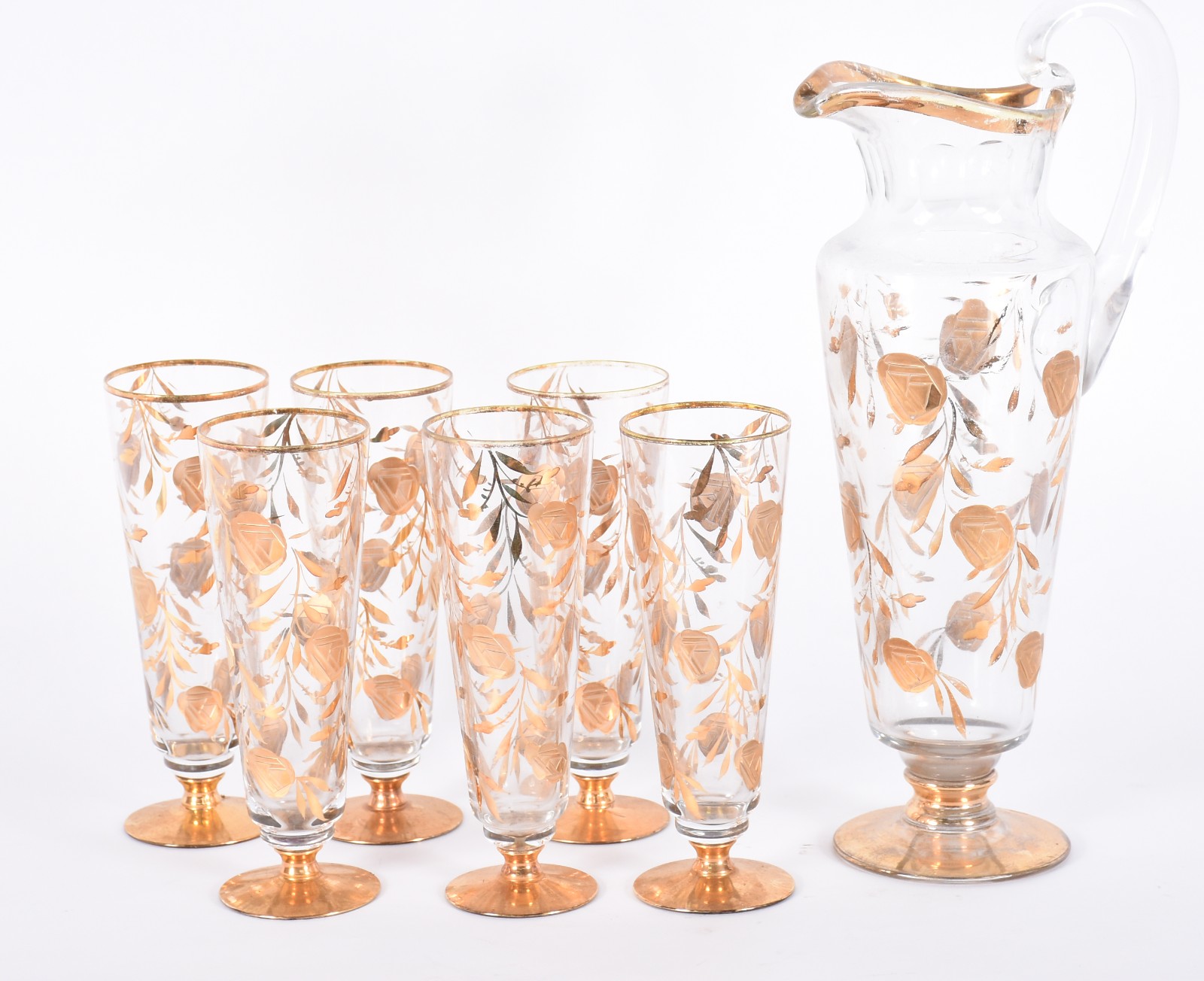 Conjunto em demi cristal com flores douradas composto de: 6 copos e... - foto 1 de 5