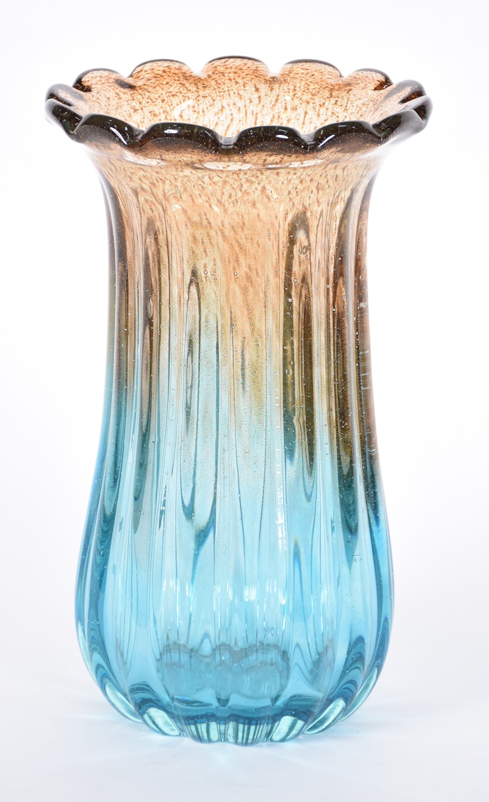 Vaso de vidro decorativo nas cores azul e âmbar. - foto 1 de 3