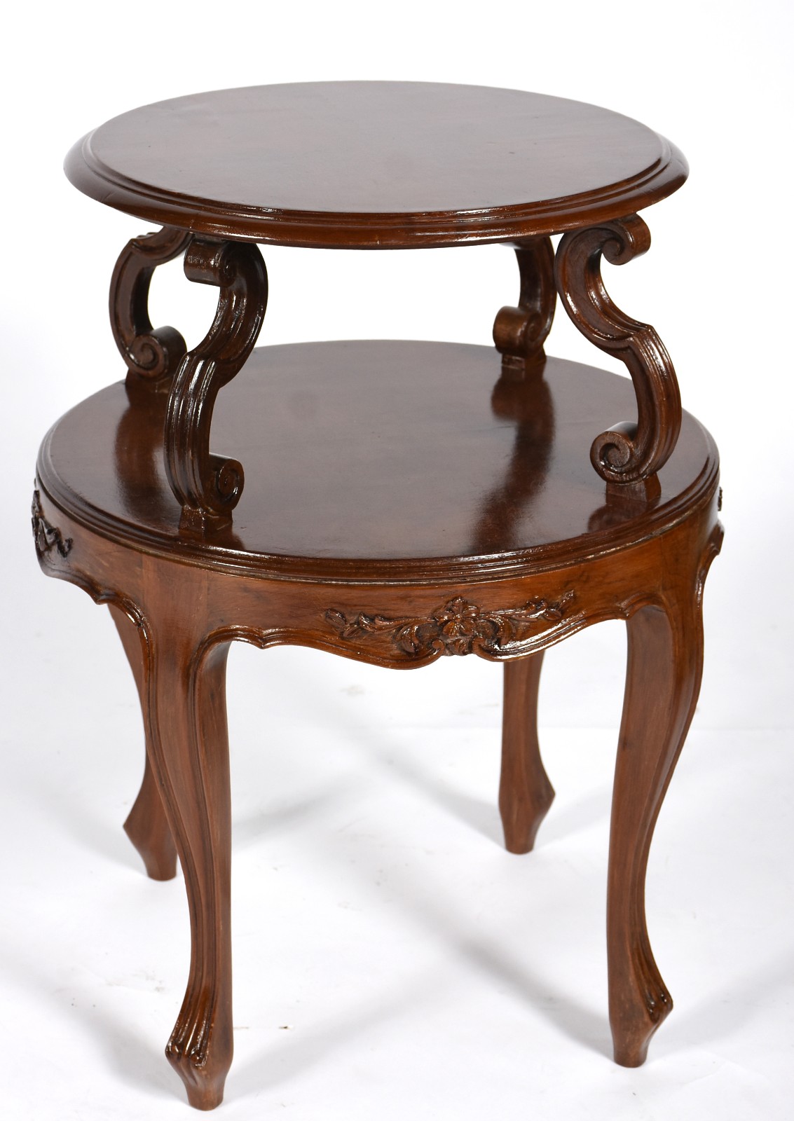 Mesa auxiliar de madeira nobre, dita "cake table" com dois platôs. - foto 1 de 4
