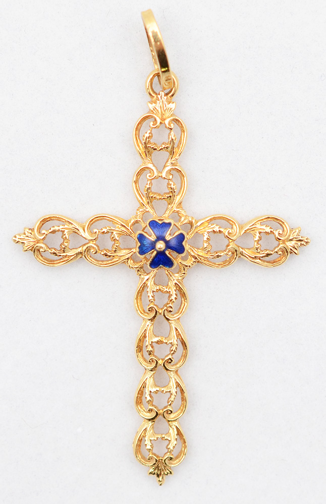 Crucifixo de ouro 18k com esmalte azul.