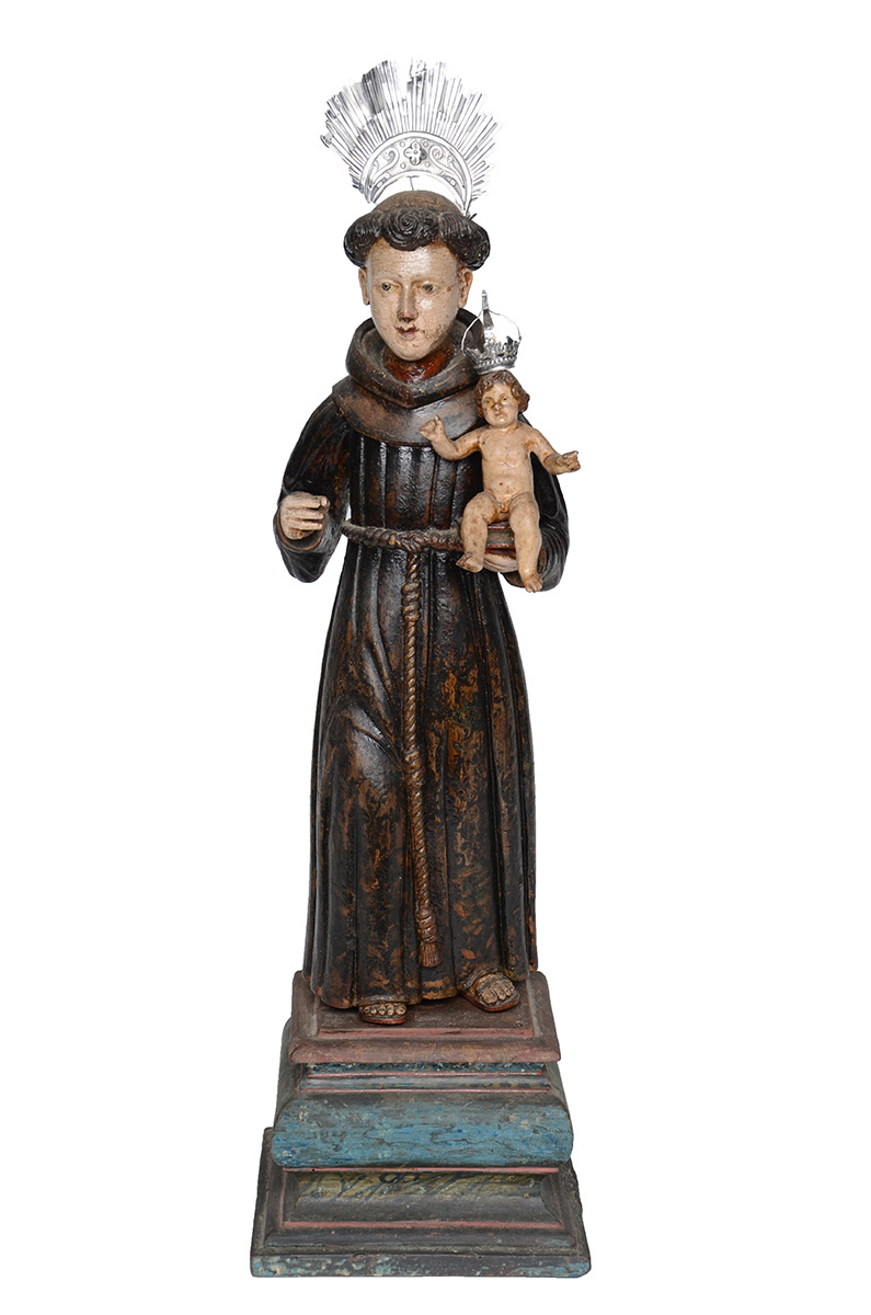 SANTO ANTONIO COM MENINO - Imagem de madeira policromada com peanha...