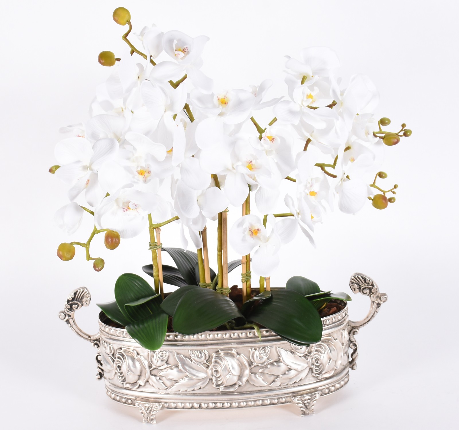 Cachepot com banho de prata com composição floral de orquídeas... - foto 1 de 5