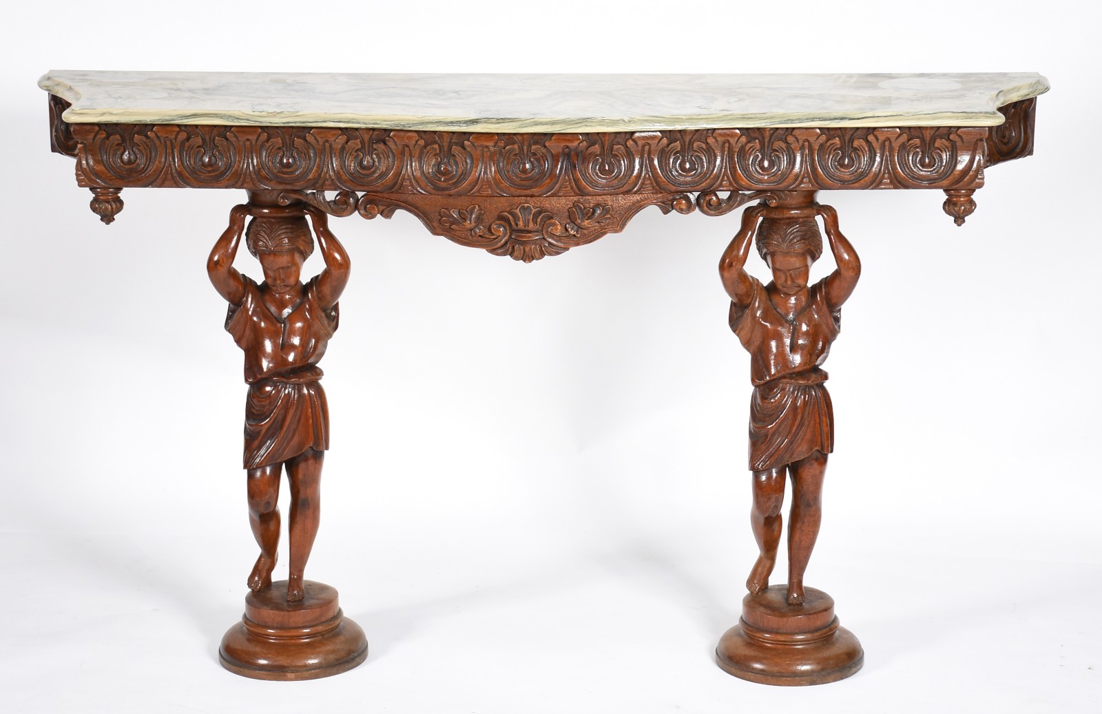 Console de madeira, base com figuras femininas e tampo de mármore. - foto 1 de 7