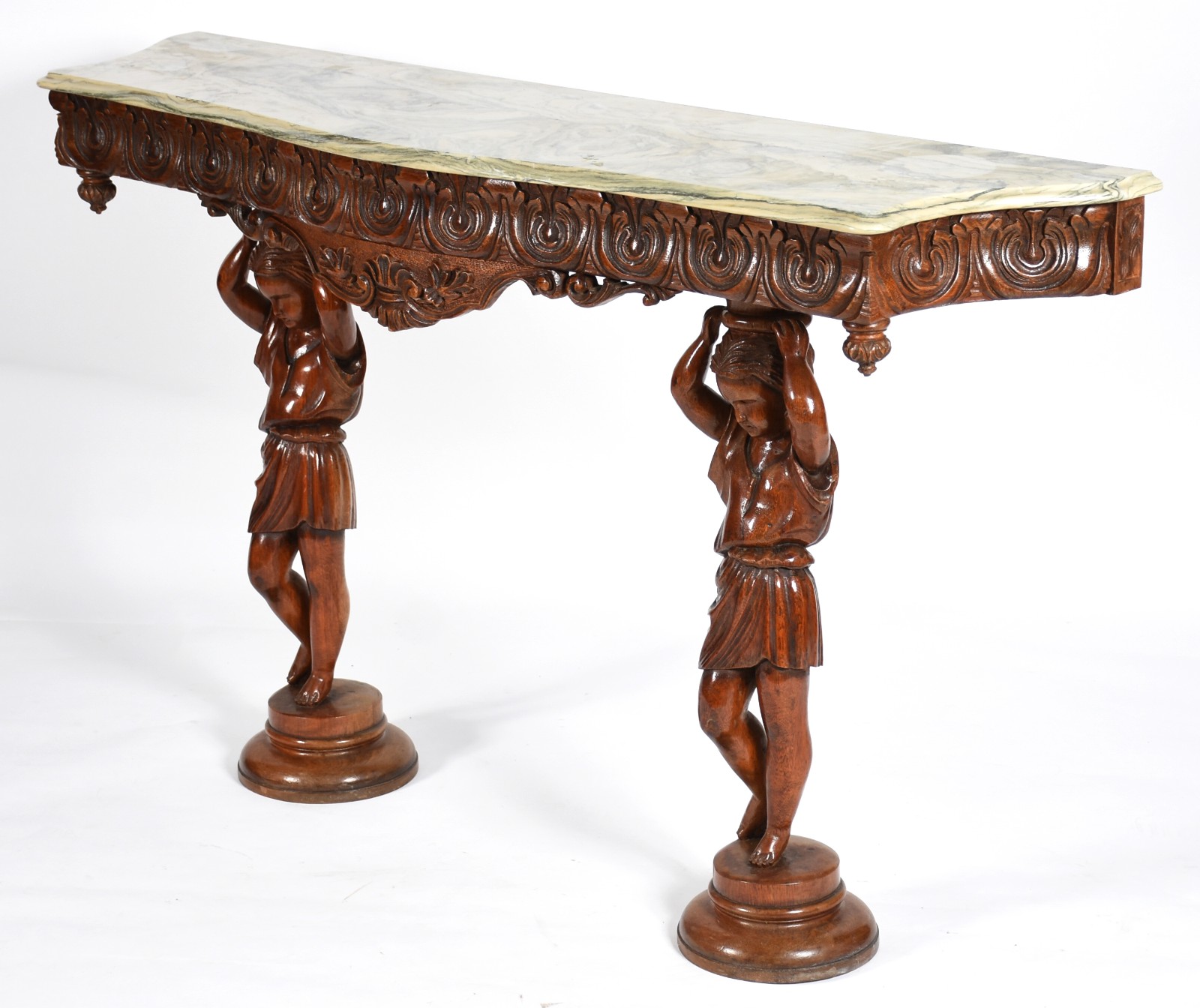 Console de madeira, base com figuras femininas e tampo de mármore. - foto 2 de 7