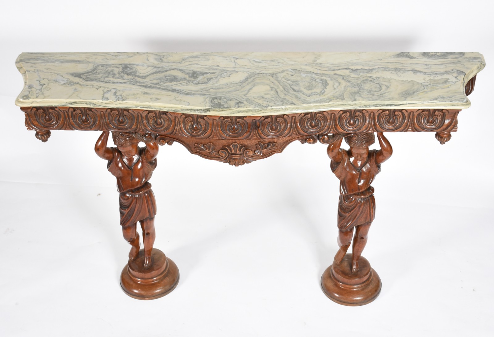 Console de madeira, base com figuras femininas e tampo de mármore. - foto 5 de 7