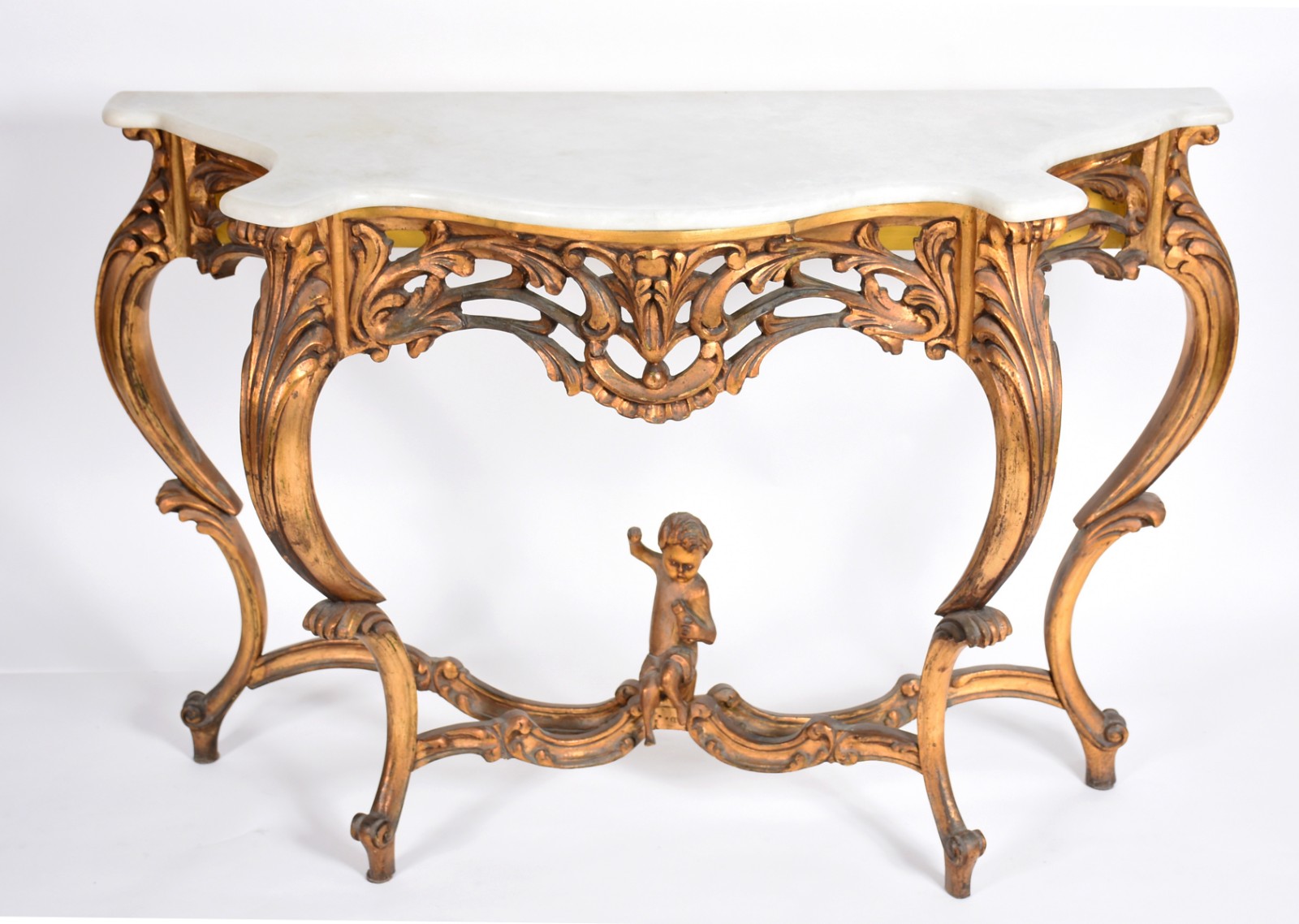 Belíssimo Console de madeira entalhada e dourada, pernas arqueadas... - foto 1 de 5