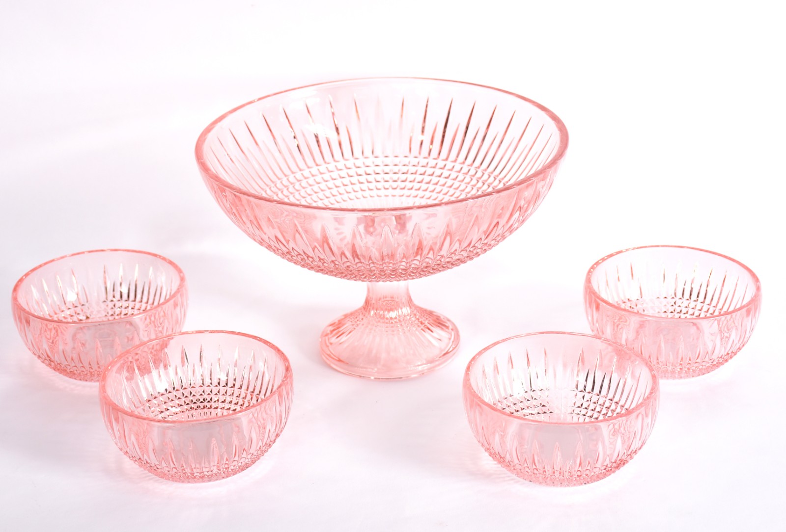 Saladeira em demi cristal lapidada na cor rosa com 4 bowls. - foto 1 de 2