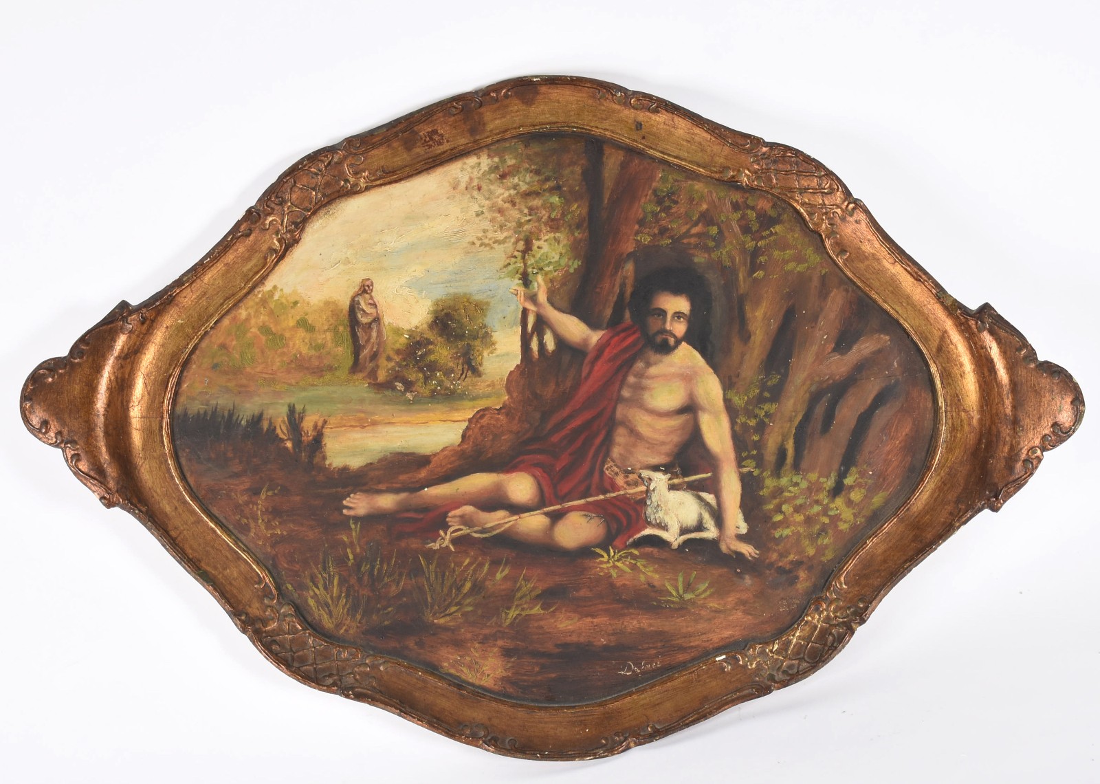Bandeja de madeira com moldura dourada, fundo com pintura sacra em... - foto 1 de 4