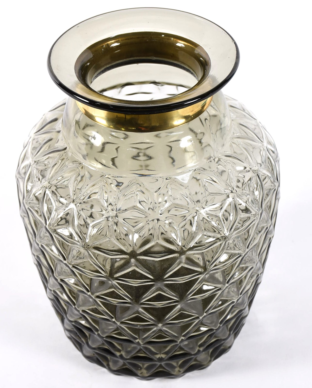 Vaso de vidro decorativo na cor cinza, bocal de metal dourado. - foto 2 de 3