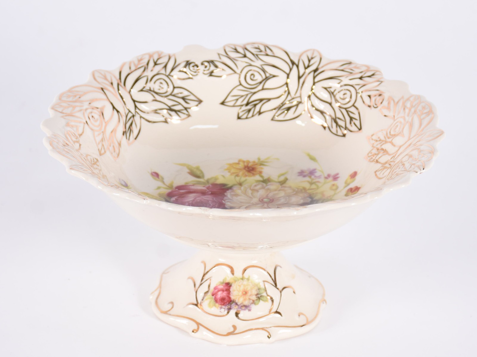 Fruteira de porcelana na cor bege com flores em policromia. - foto 2 de 4