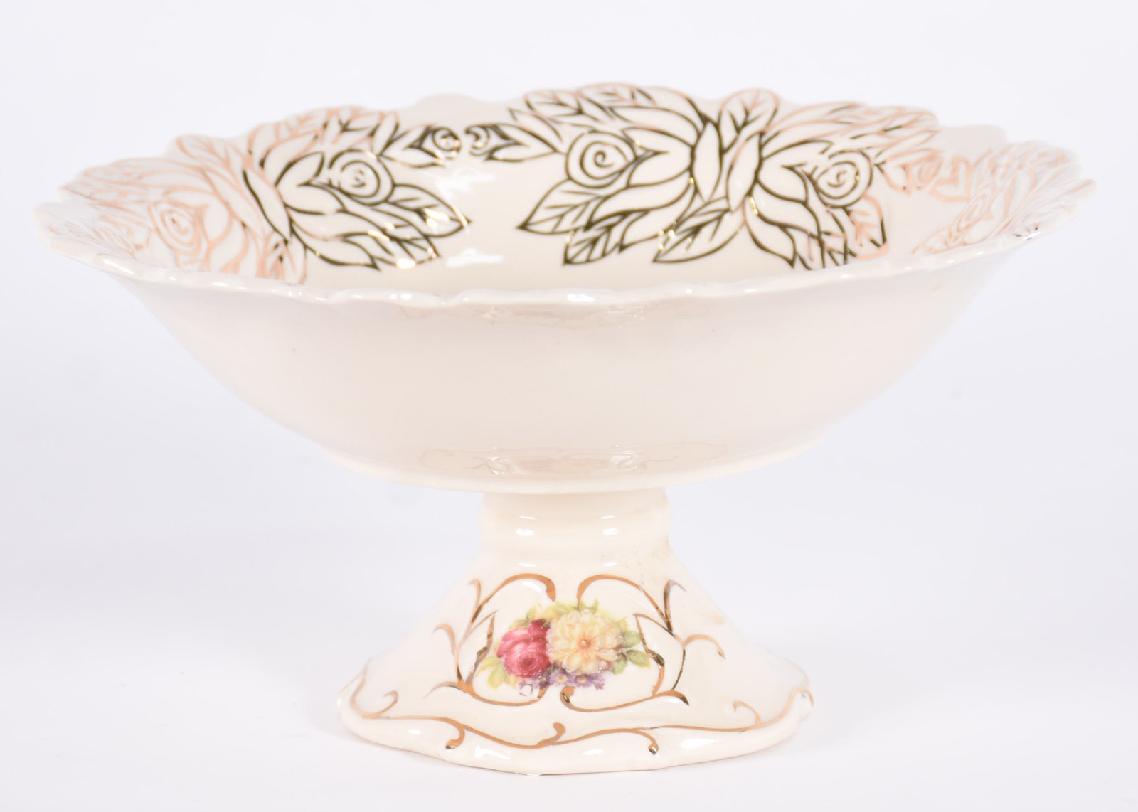 Fruteira de porcelana na cor bege com flores em policromia. - foto 3 de 4