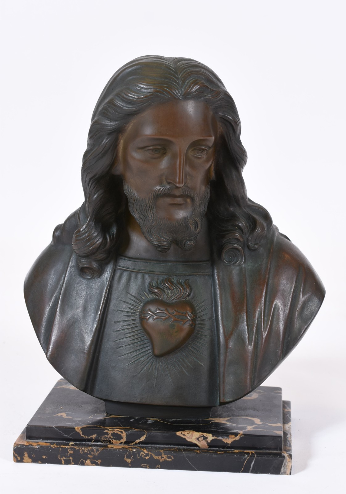 Cabeça de Cristo com sagrado coração de bronze, base de mármore... - foto 1 de 6