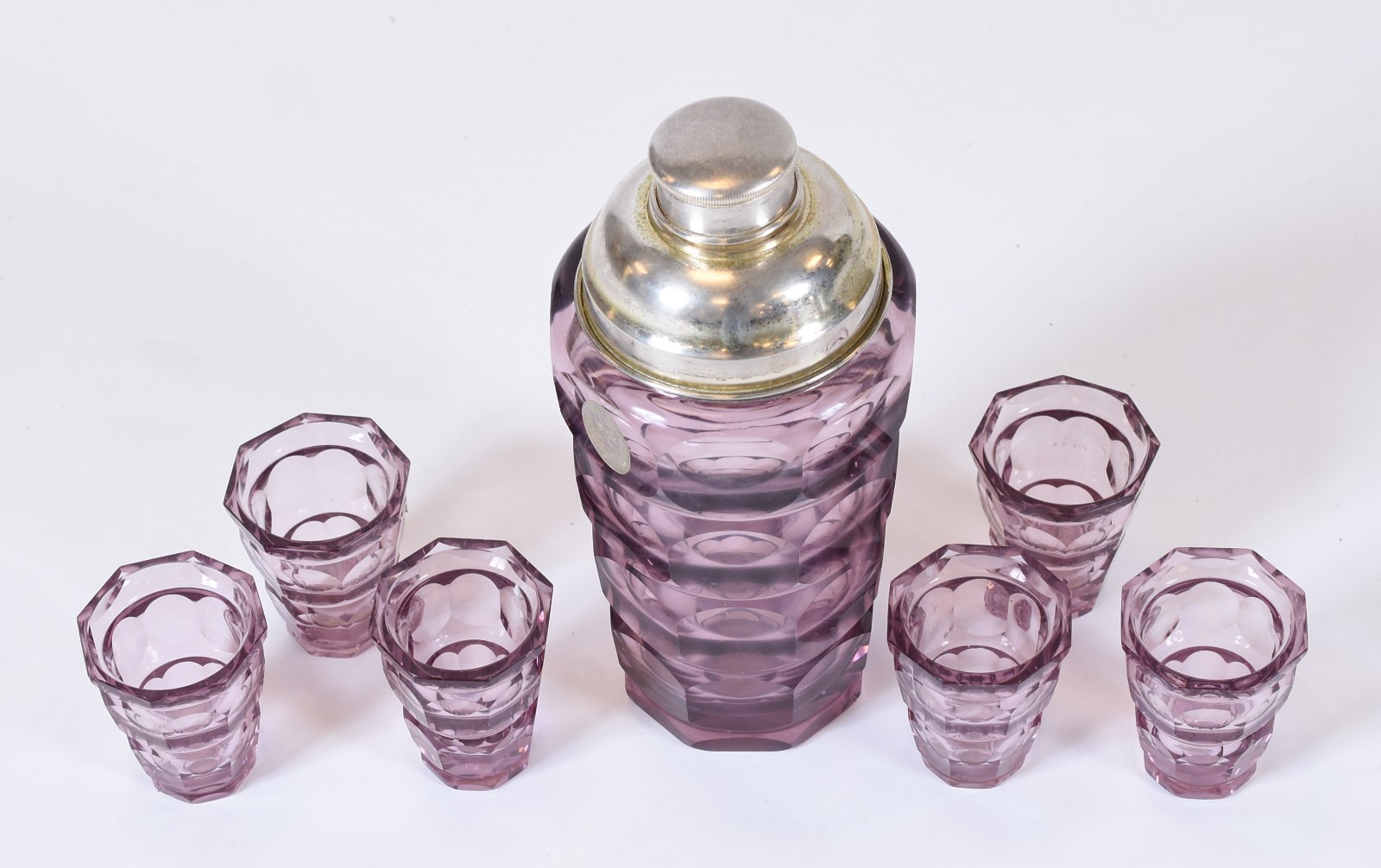 Coqueteleira Art Deco com 6 copinhos de cristal lilás com gomos... - foto 2 de 5