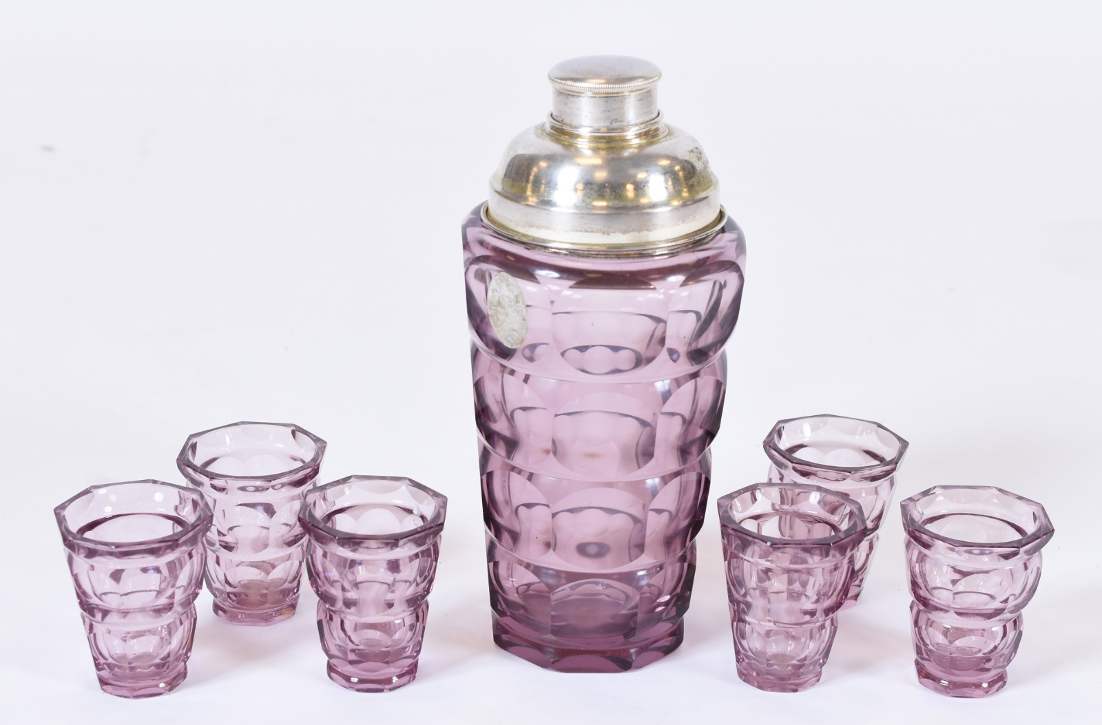 Coqueteleira Art Deco com 6 copinhos de cristal lilás com gomos... - foto 1 de 5