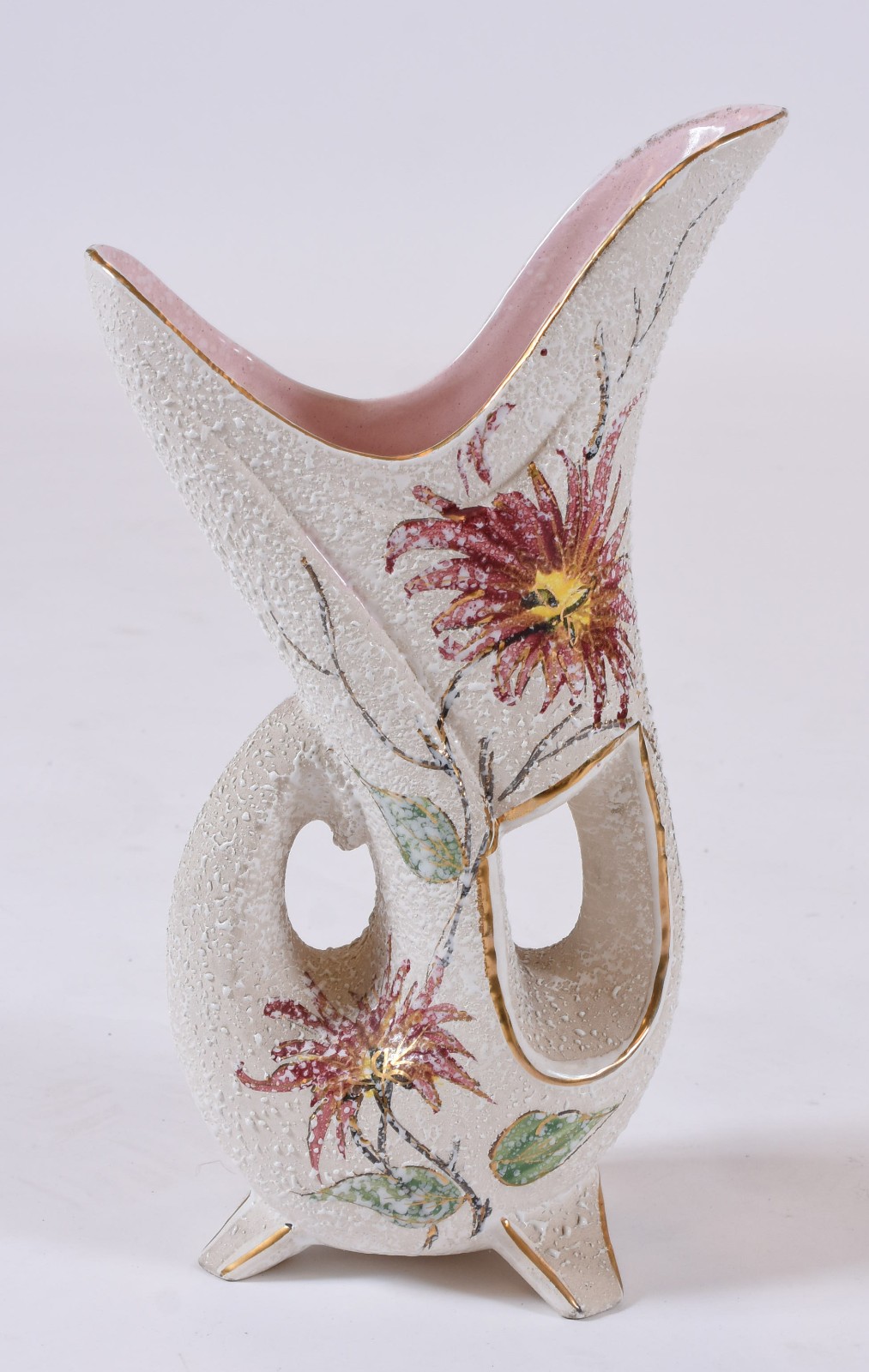 Vaso de cerâmica rosa com flores, anos 50. - foto 1 de 5