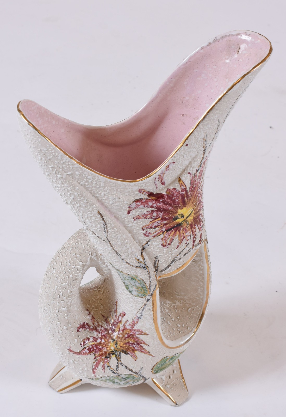 Vaso de cerâmica rosa com flores, anos 50. - foto 2 de 5