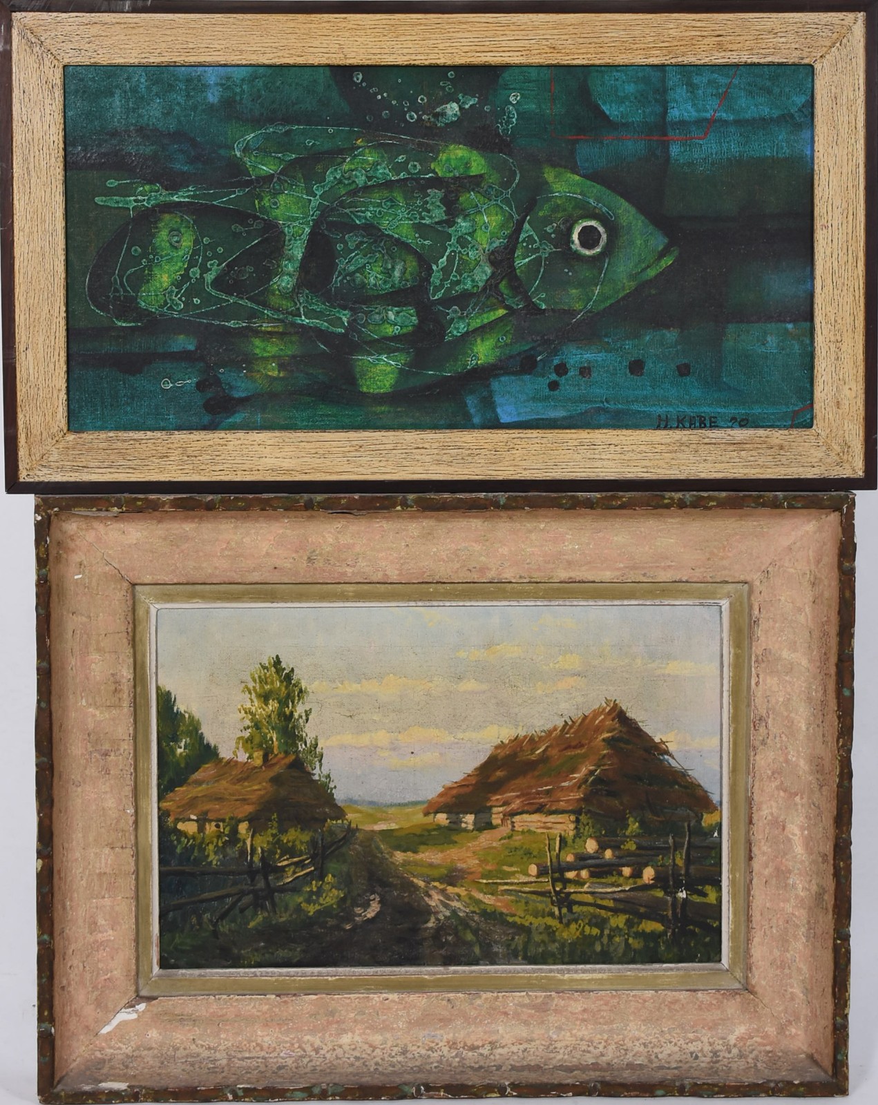 Dois quadros, sendo uma paisagem e outro um peixe, datado de 1970. - foto 1 de 5