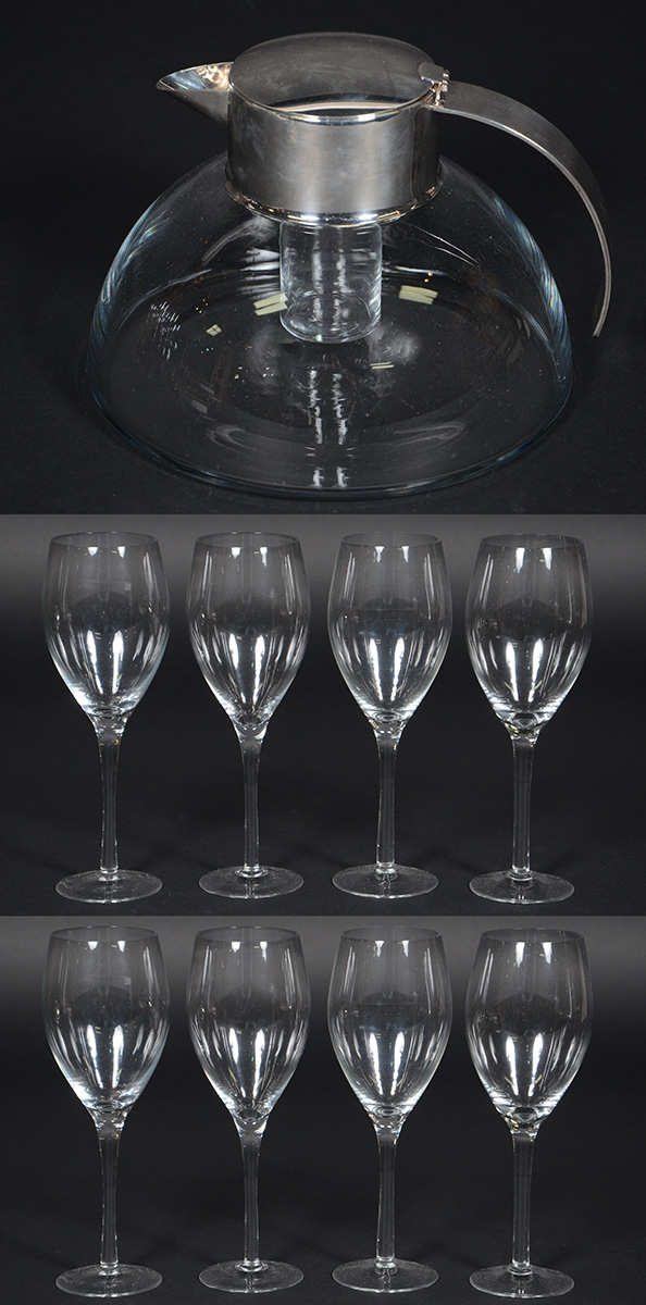 Jarra/decanteur de cristal com alça de metal prateado e 8 cálices...
