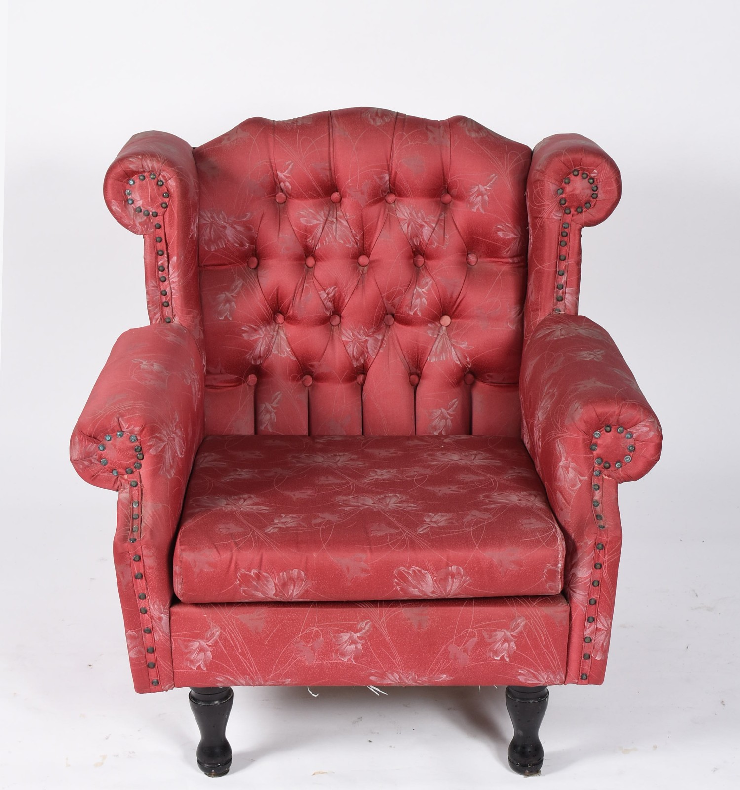 Bergere estofada e forrada com tecido vermelho floral, encosto em... - foto 2 de 5