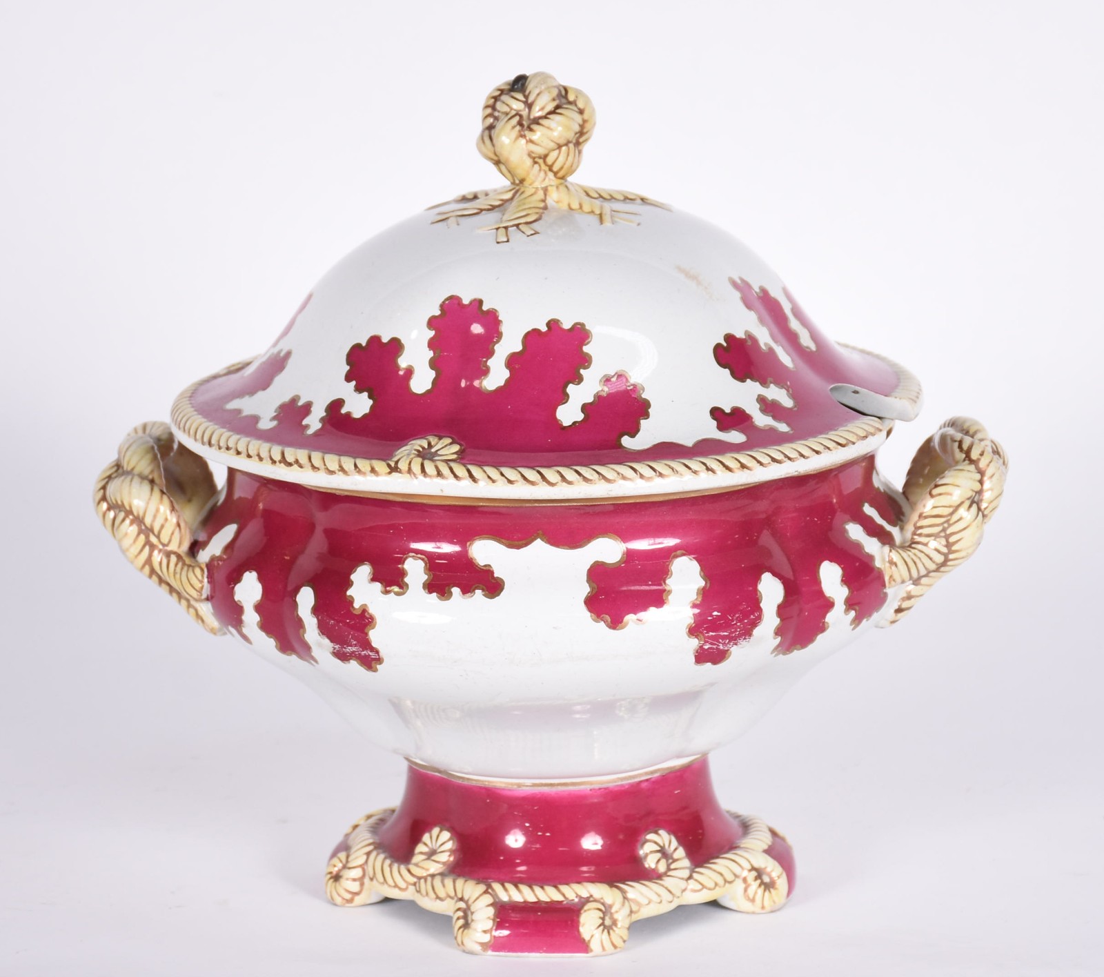 Sopeira de porcelana na cor bordeaux e creme, pega da tampa colada. - foto 1 de 7