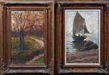 Assinatura não identificada, Paisagem e Marinha - óleo sobre tela - dois quadros com molduras entalhadas.