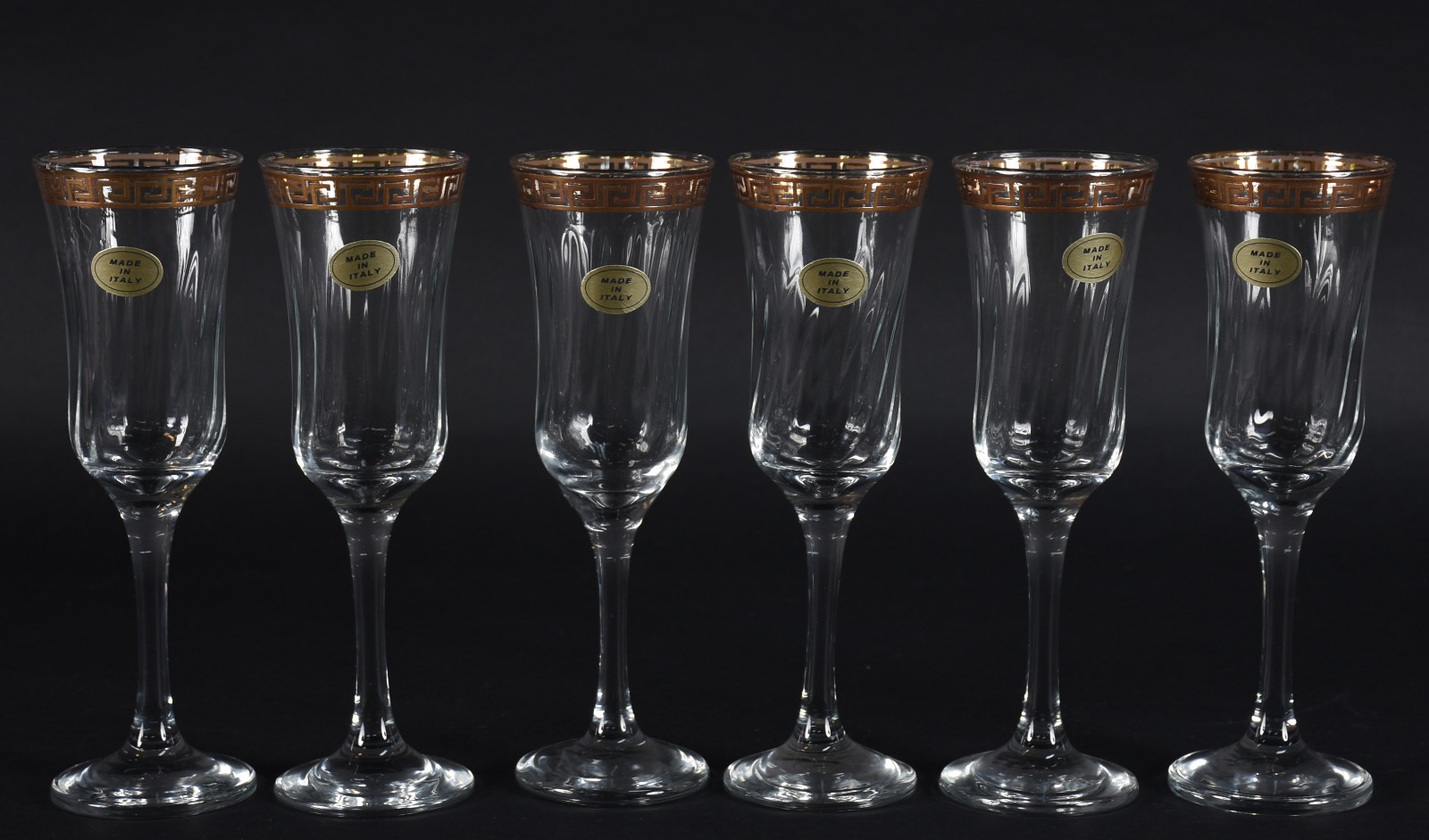 Seis flutes de vidro italiano para champagne, bordas com gregas... - foto 1 de 4