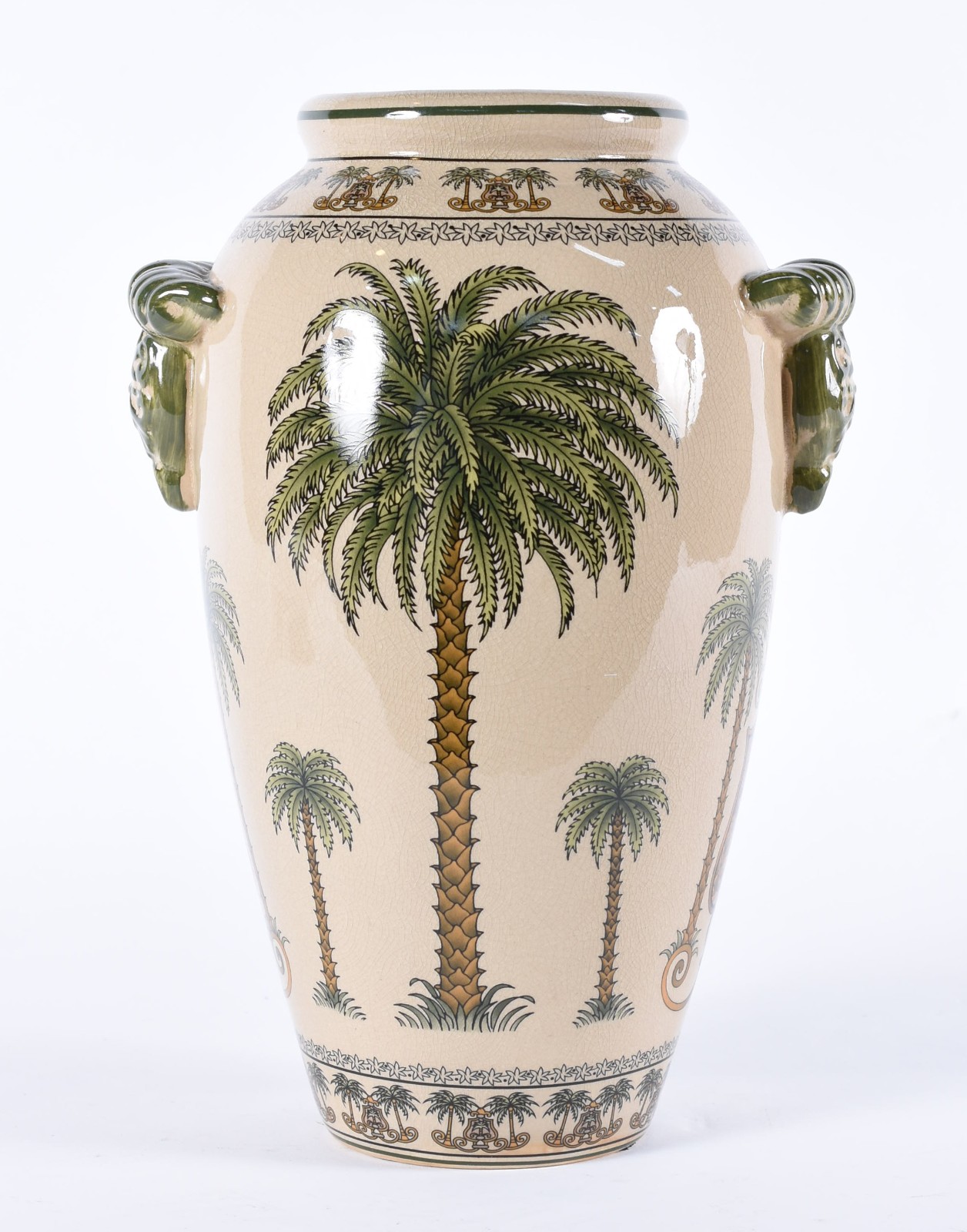 Vaso de cerâmica na cor bege decorado com palmeiras policromadas. - foto 1 de 4