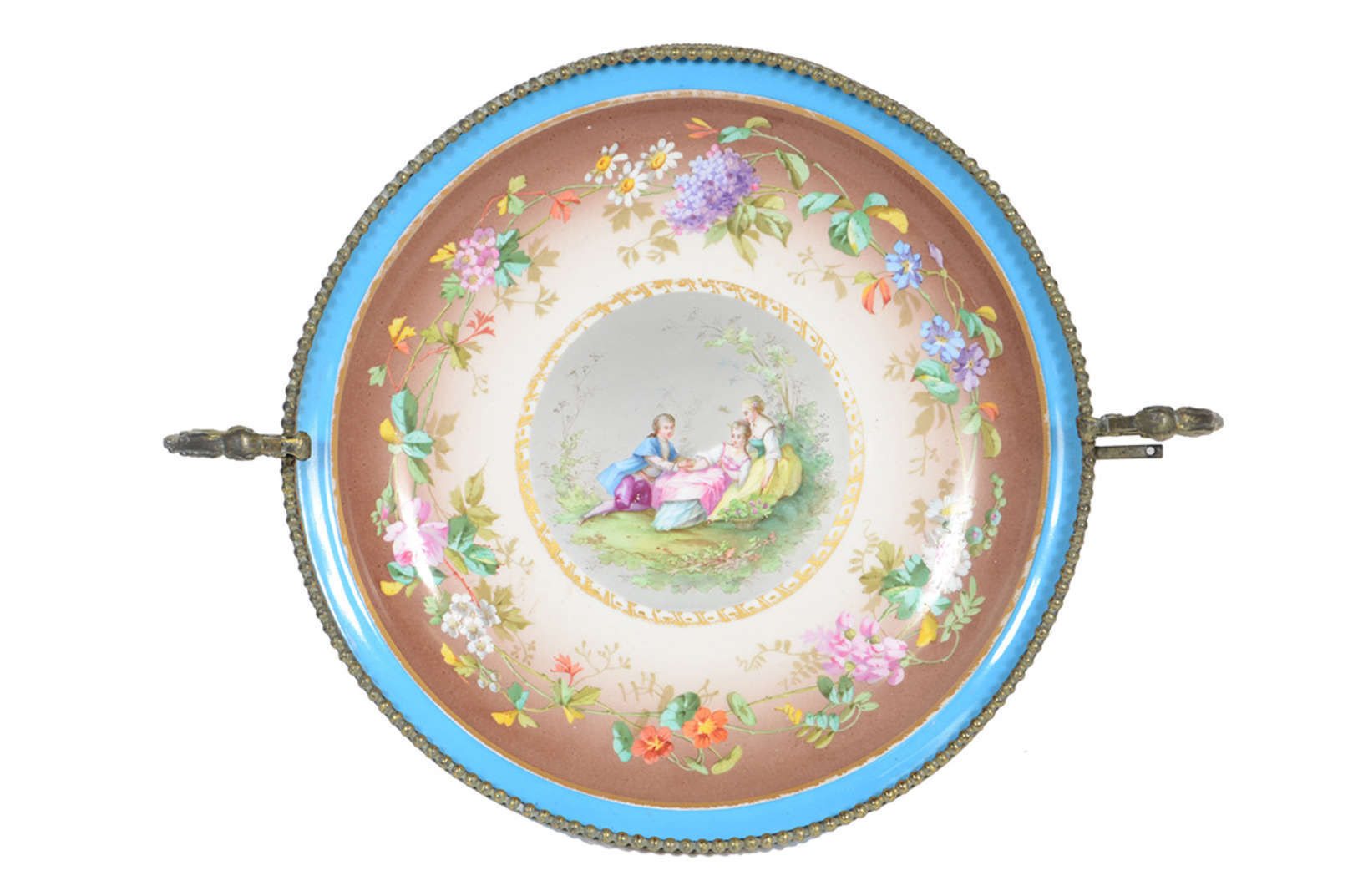 Fruteira de Sevres na cor azul turquesa decorada com cena romântica... - foto 2 de 2