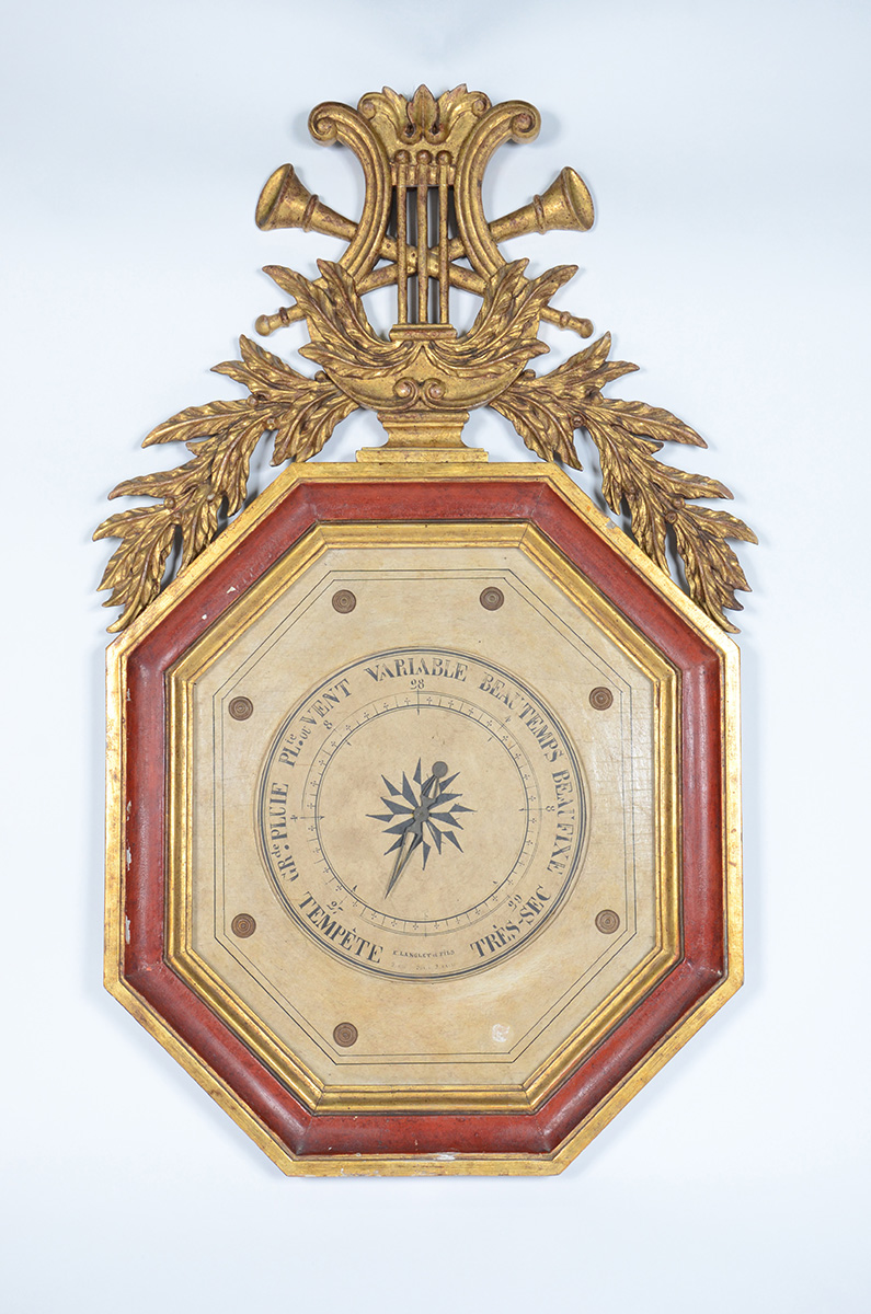 Barômetro francês decorativo com moldura de madeira dourada. Largura...
