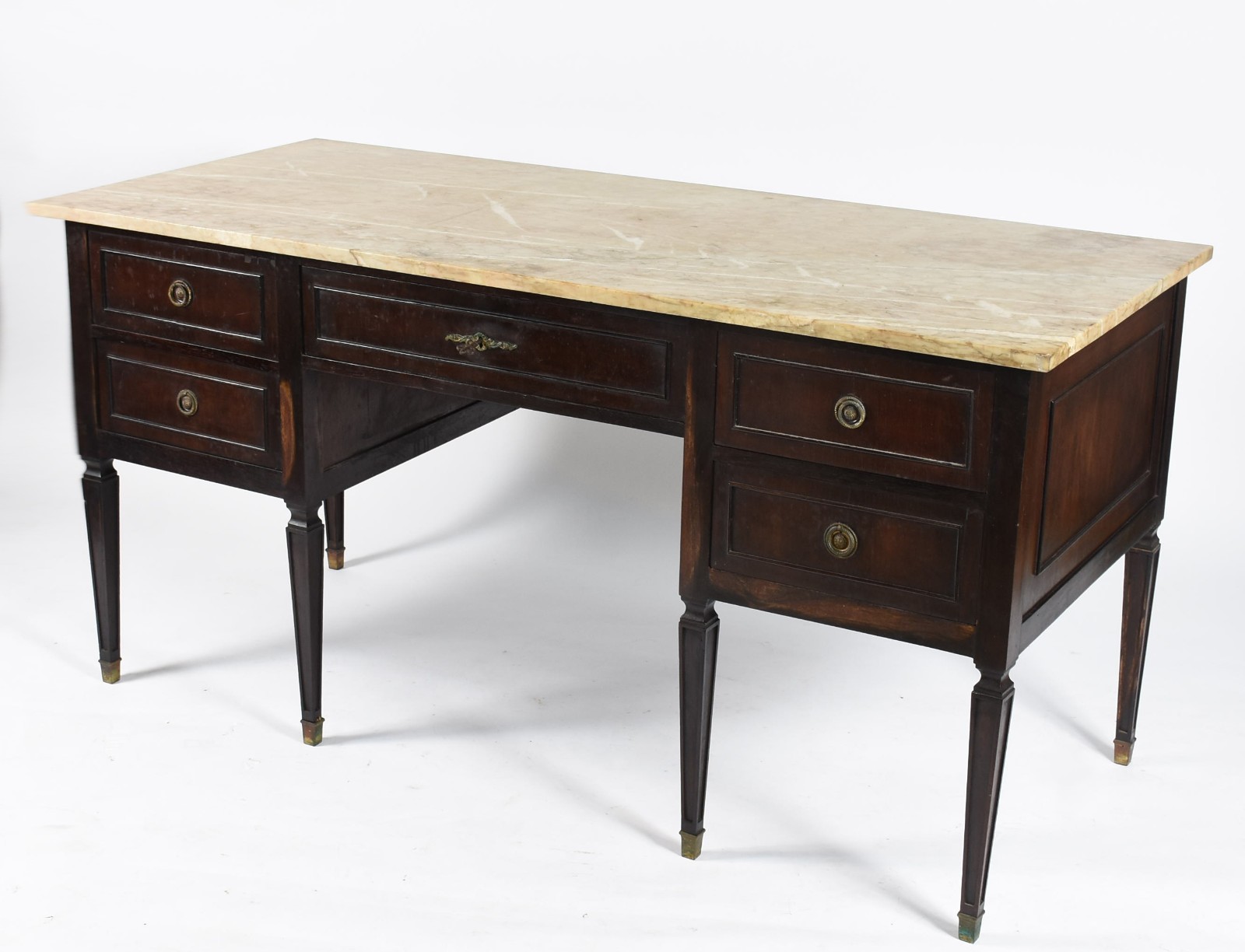 Mesa de escritório de madeira nobre com 5 gavetas e tampo de mármore. - foto 1 de 8