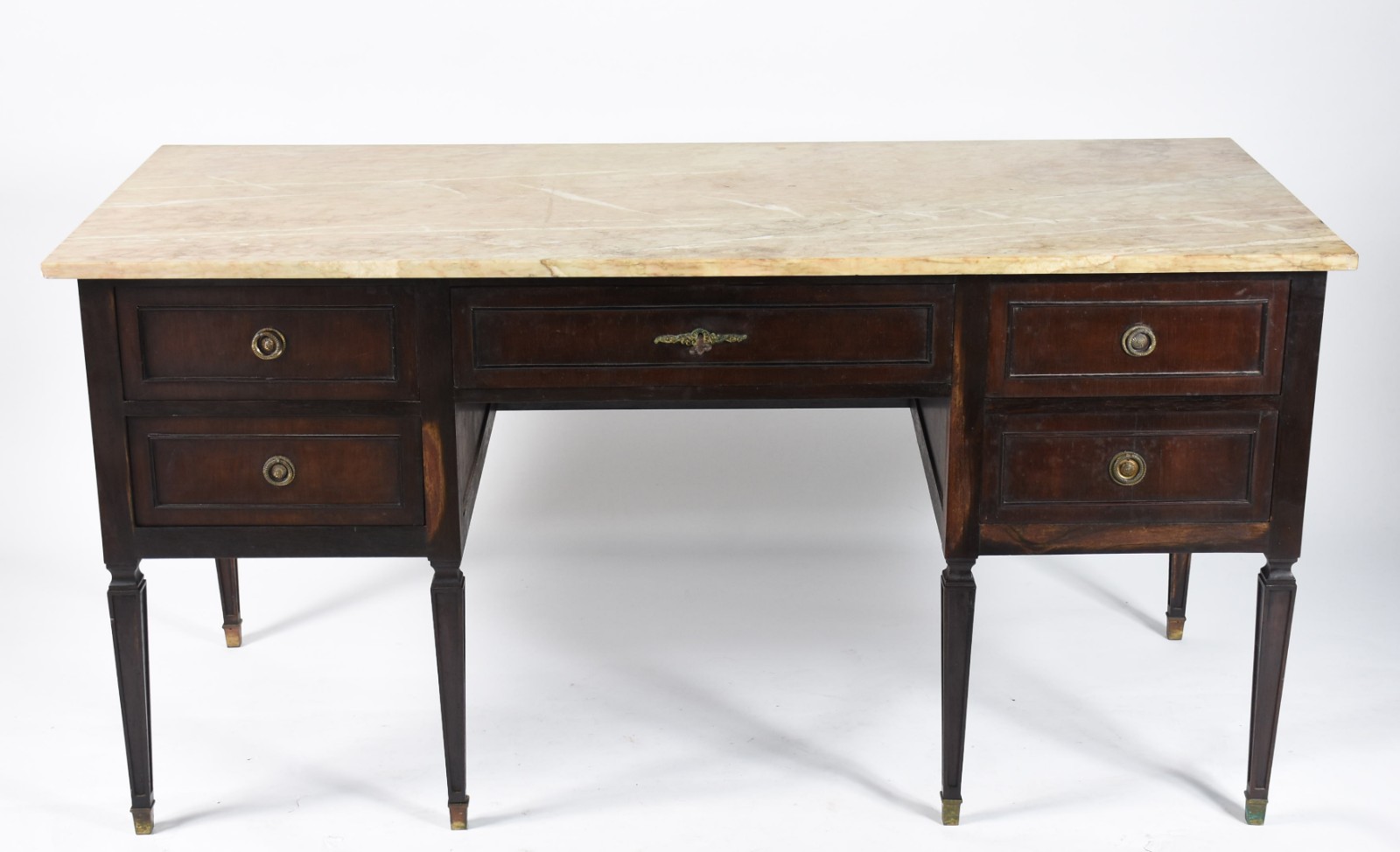 Mesa de escritório de madeira nobre com 5 gavetas e tampo de mármore. - foto 2 de 8