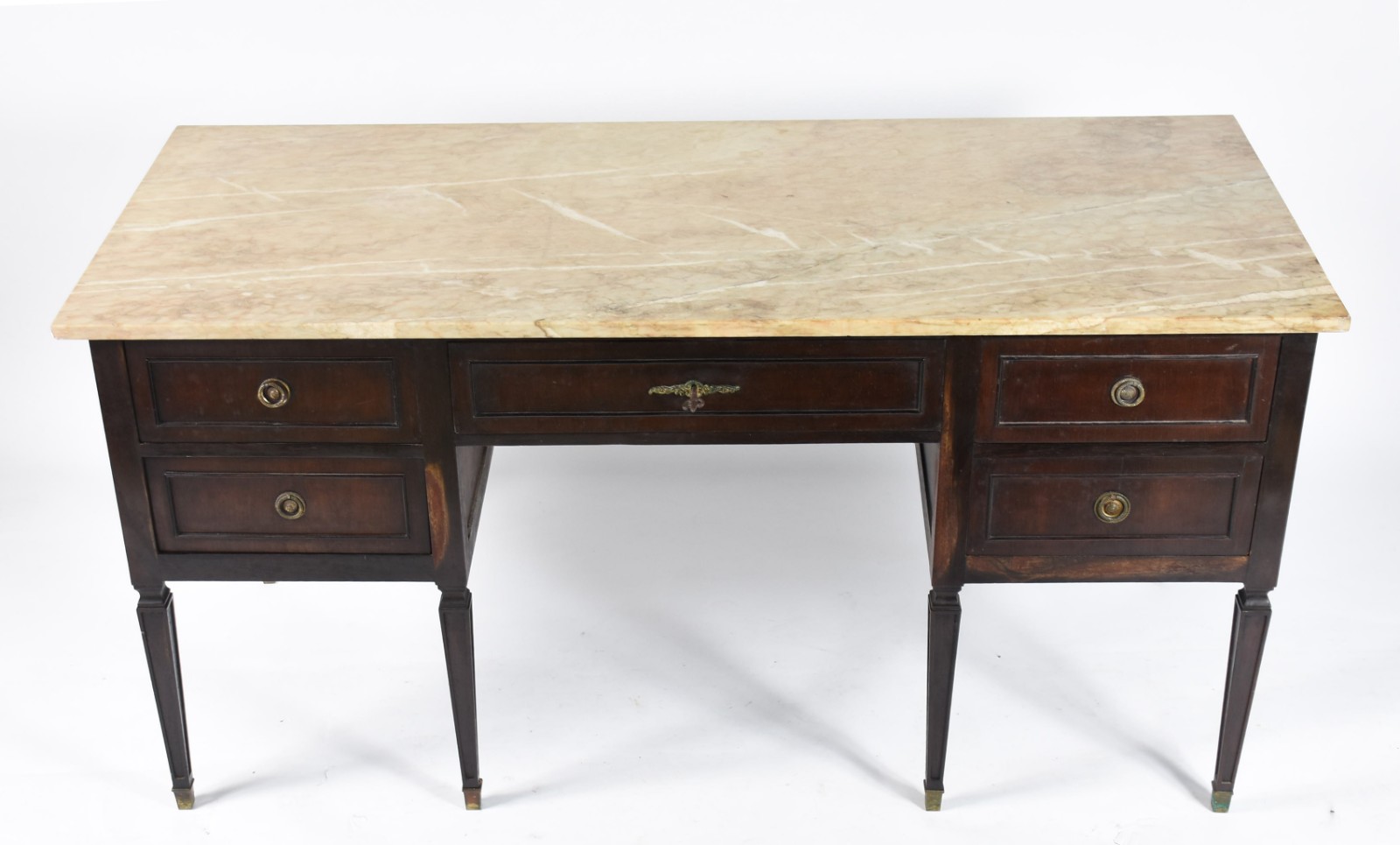 Mesa de escritório de madeira nobre com 5 gavetas e tampo de mármore. - foto 3 de 8