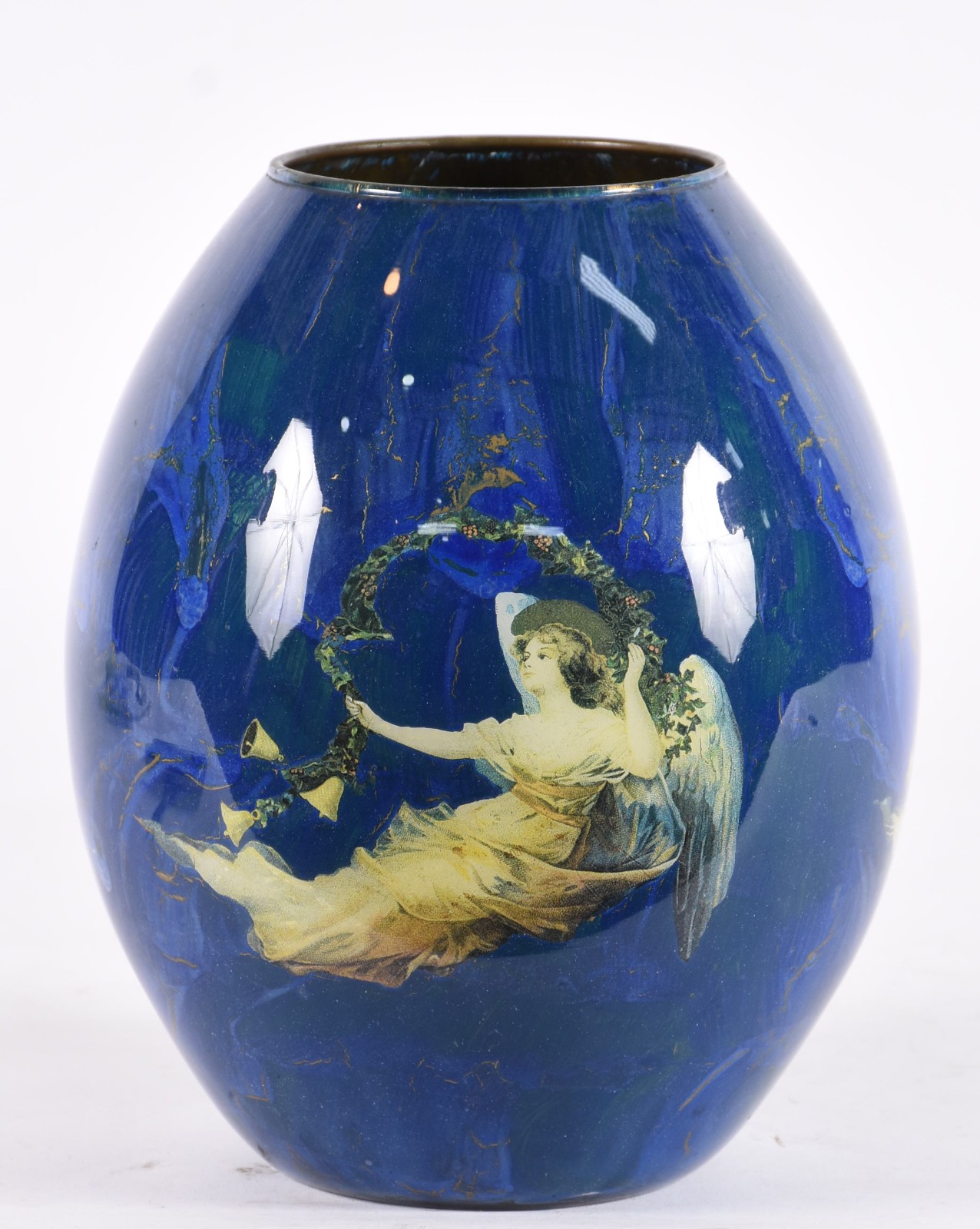 Vaso de vidro pintado em azul com figura angelical em policromia. - foto 1 de 5