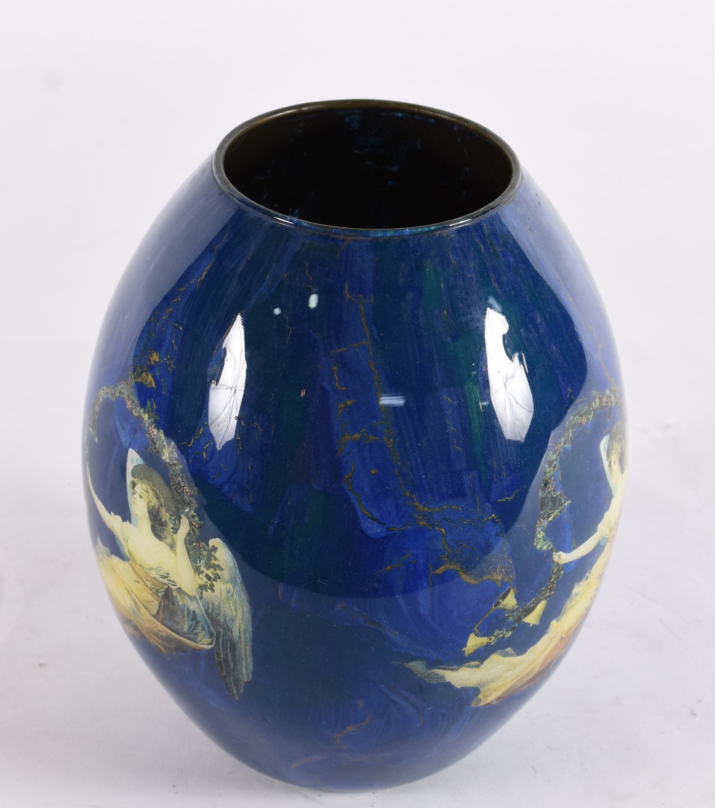 Vaso de vidro pintado em azul com figura angelical em policromia. - foto 4 de 5