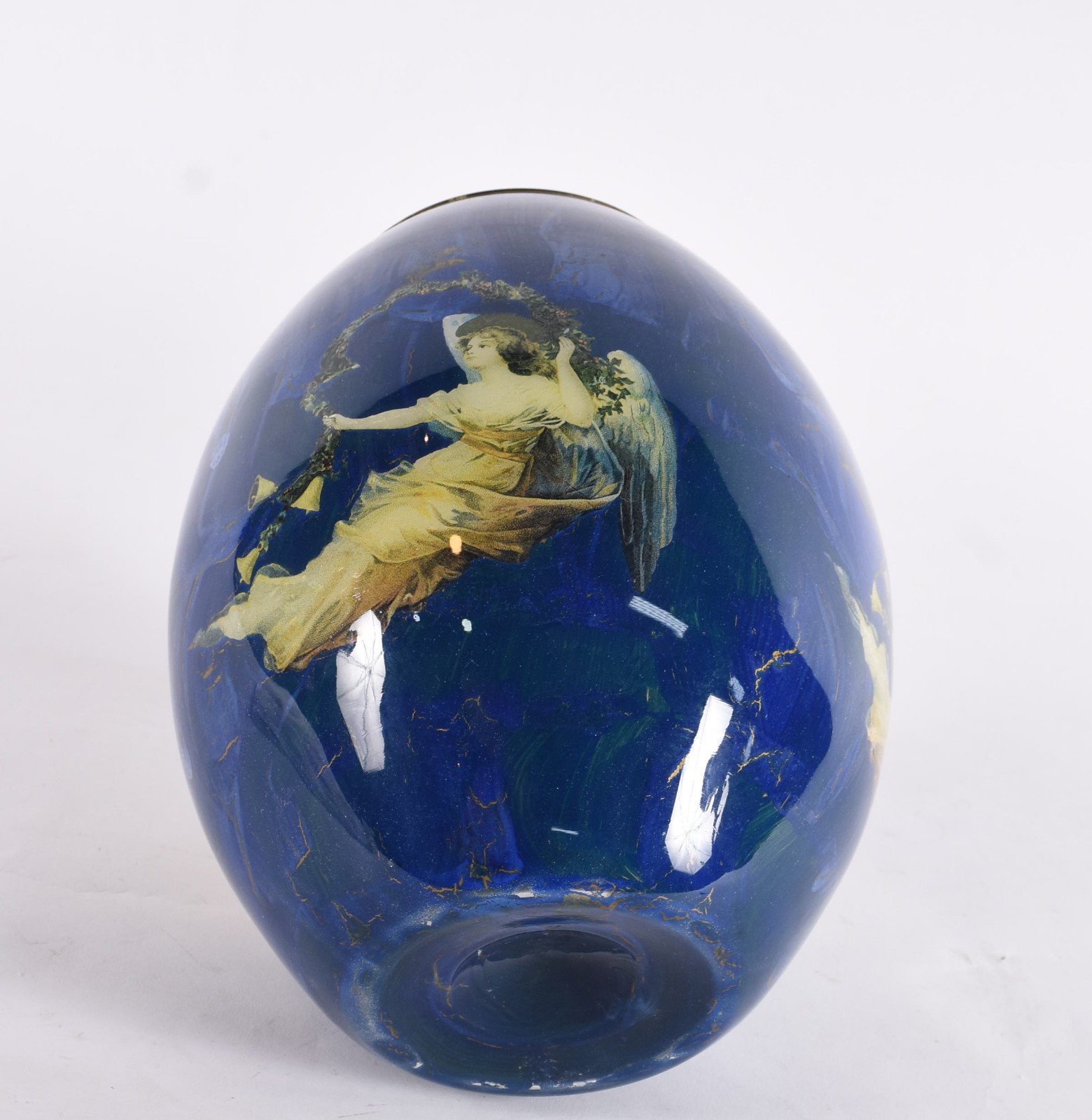 Vaso de vidro pintado em azul com figura angelical em policromia. - foto 5 de 5