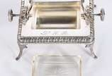 WMF (1853),  - Três peças de metal, sendo: jarra com bocal de metal WMF, manteigueira com cristal e guampa.