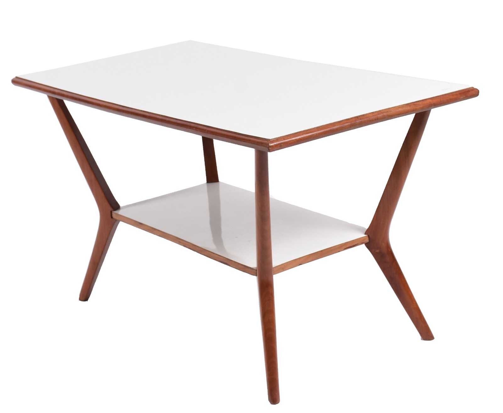 Mesa de centro anos 60, em peroba rosa e fórmica branca, dois platôs... - foto 1 de 5