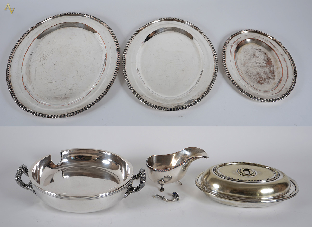 Baixela de jantar de metal prateado, diversos modelos e decorações...