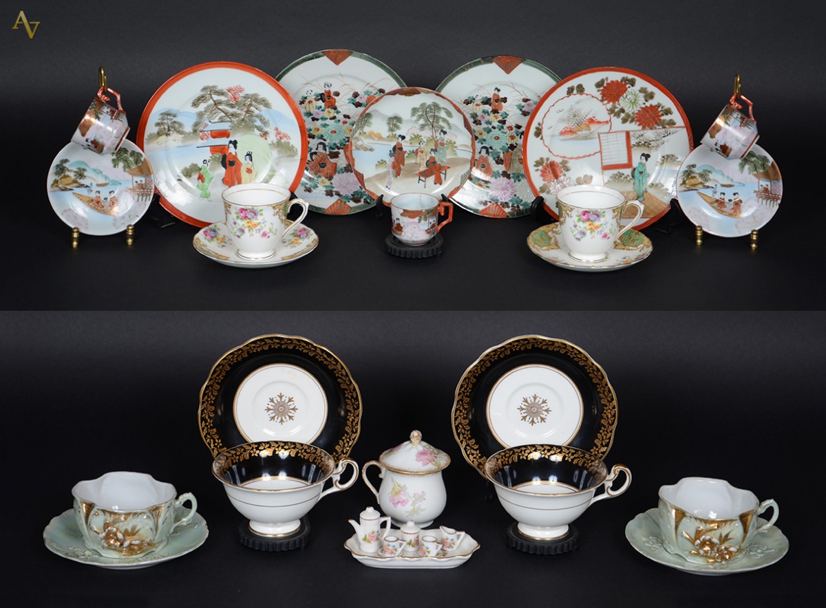 Diversas peças de porcelana, sendo 9 xícaras de várias procedências...