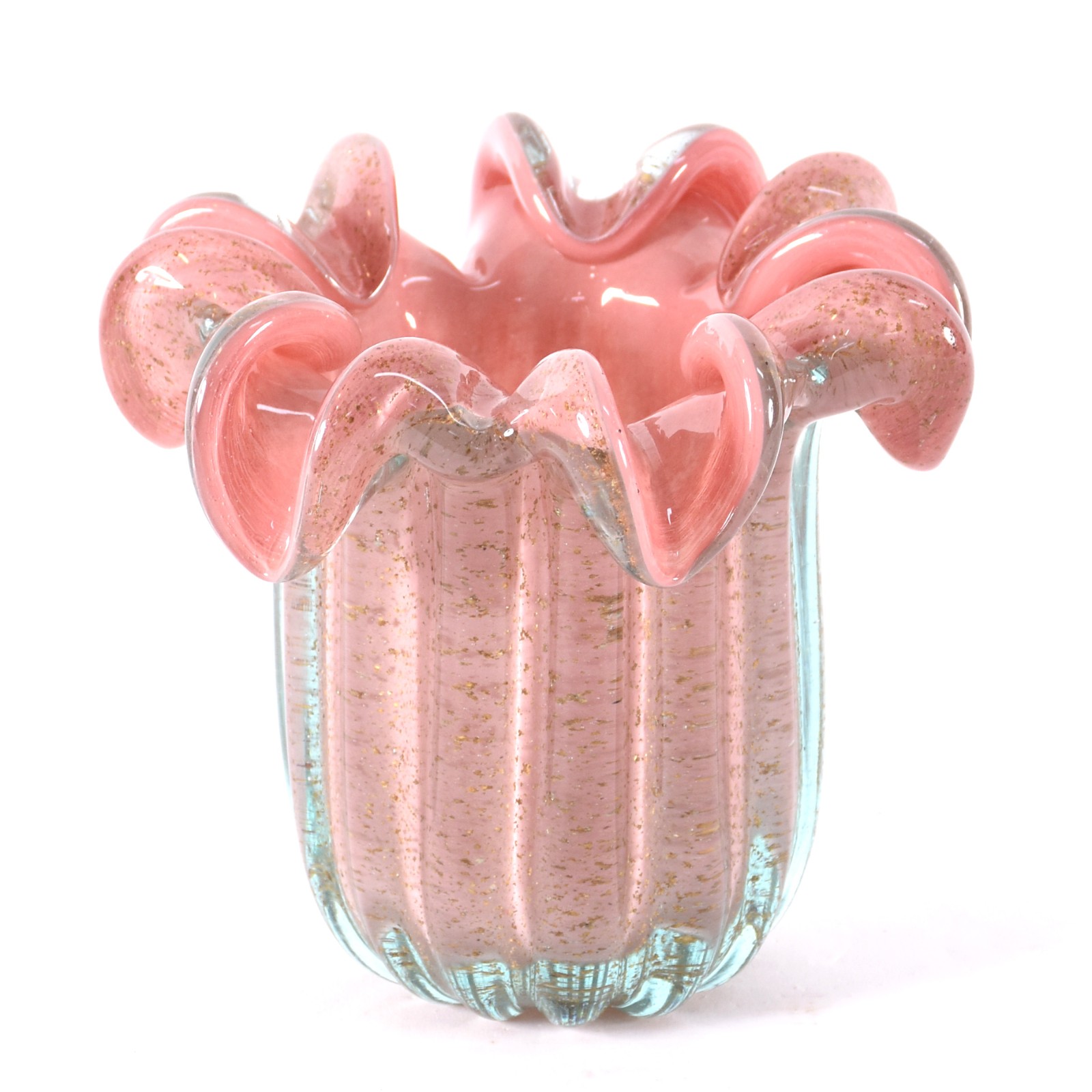 Vaso de vidro decorativo na cor rosa com pó de ouro, borda feitio... - foto 1 de 4