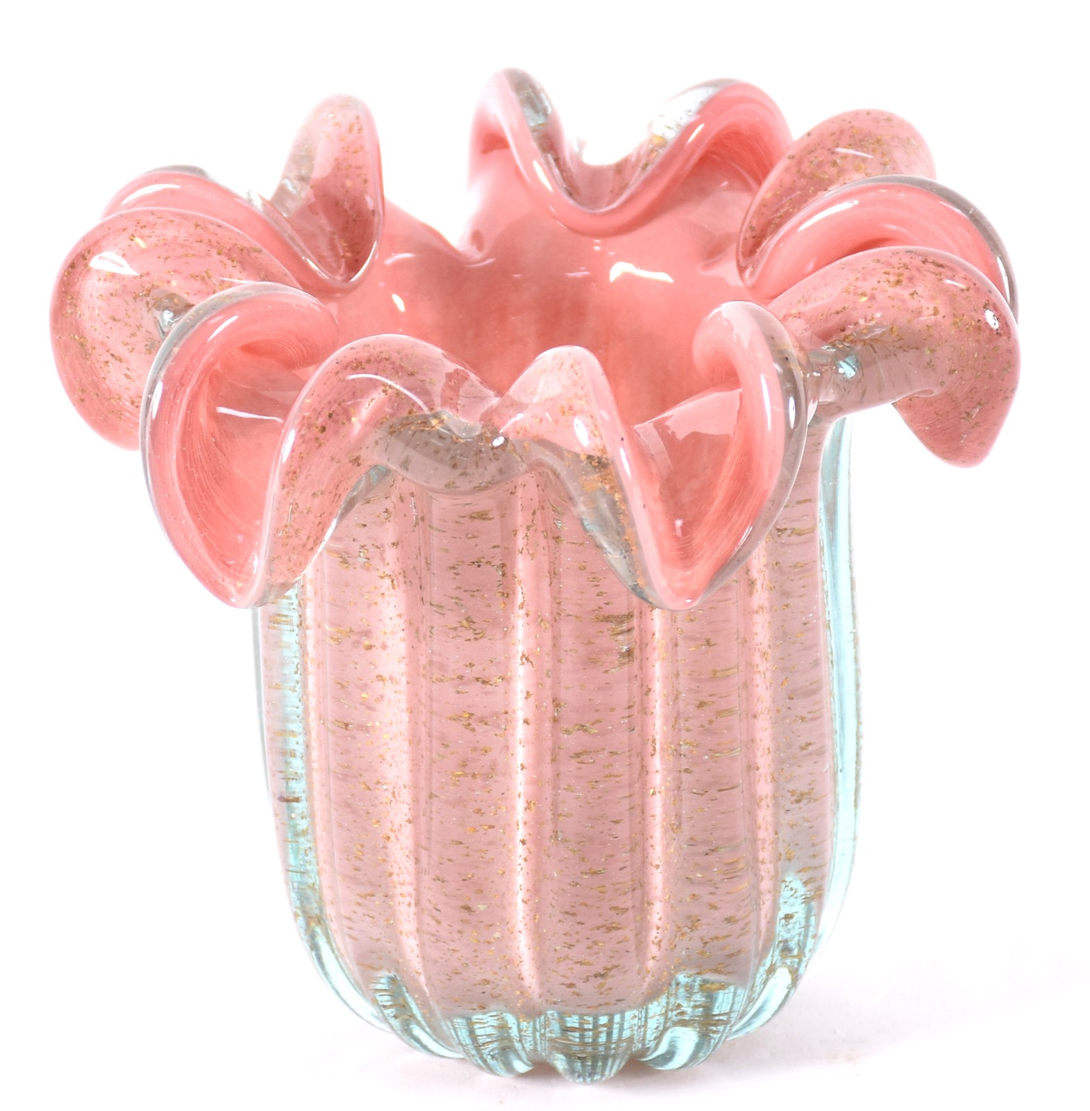 Vaso de vidro decorativo na cor rosa com pó de ouro, borda feitio... - foto 2 de 4
