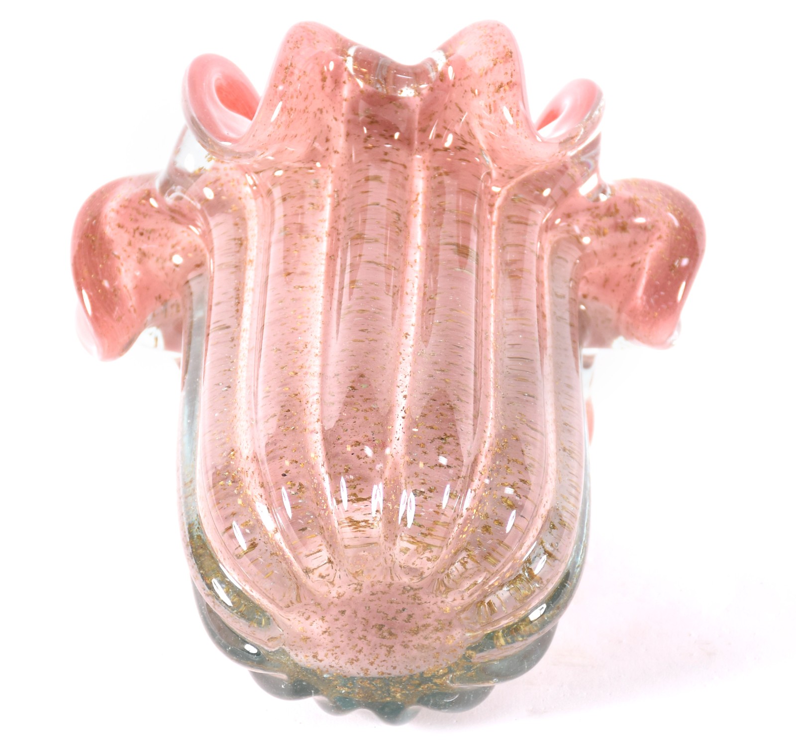 Vaso de vidro decorativo na cor rosa com pó de ouro, borda feitio... - foto 4 de 4