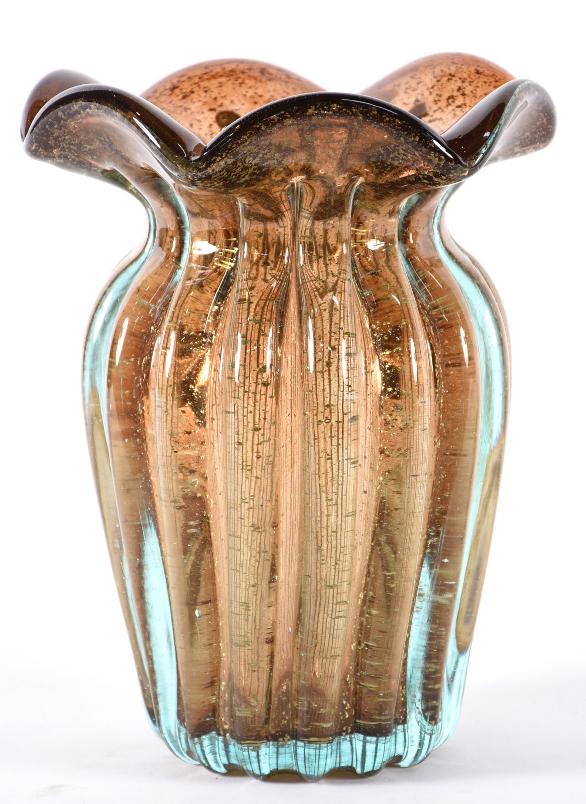 Vaso de vidro decorativo na cor âmbar com pó de ouro. - foto 1 de 3