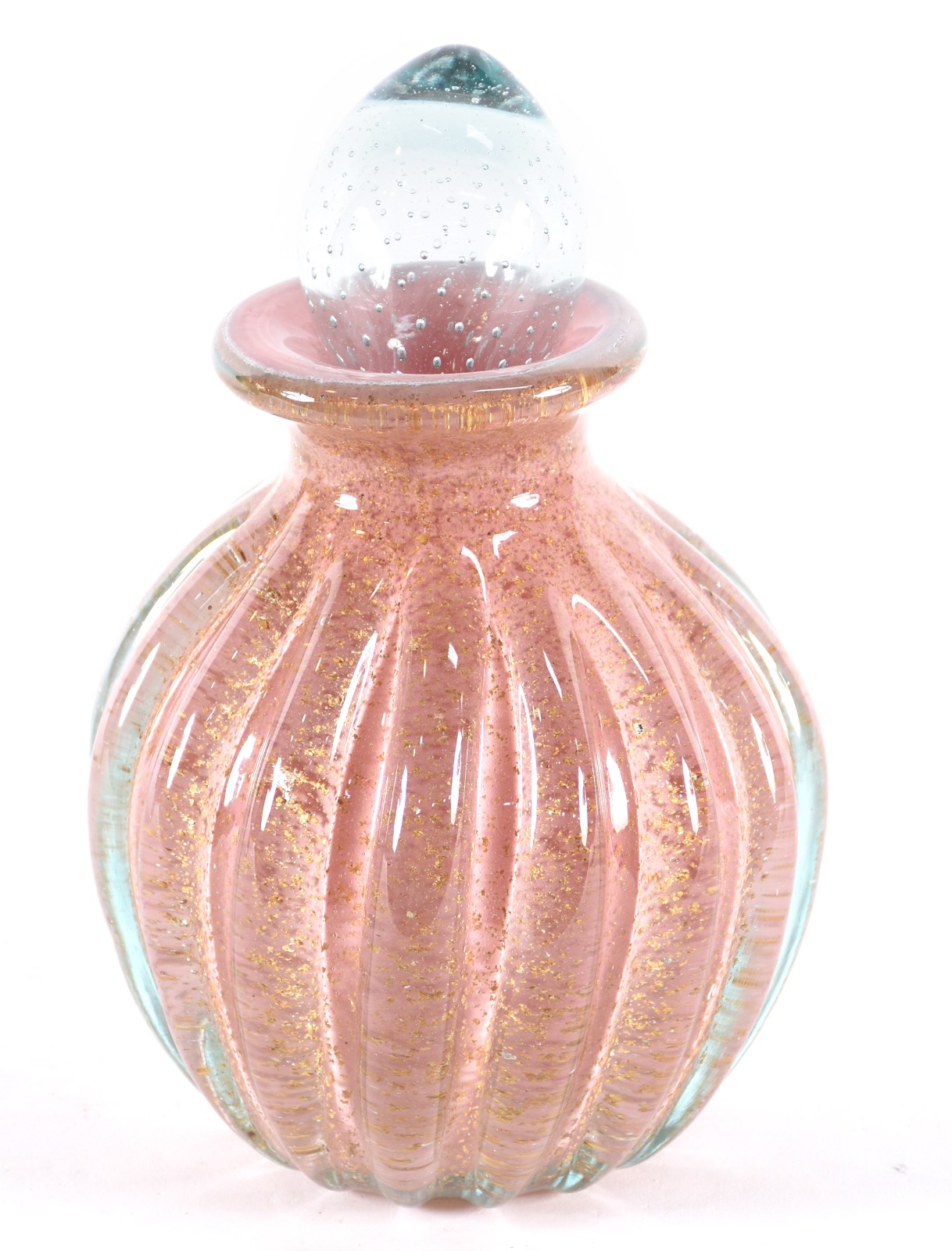 Garrafa de vidro decorativo feitio gomos na cor rosa com pó de ouro. - foto 1 de 4
