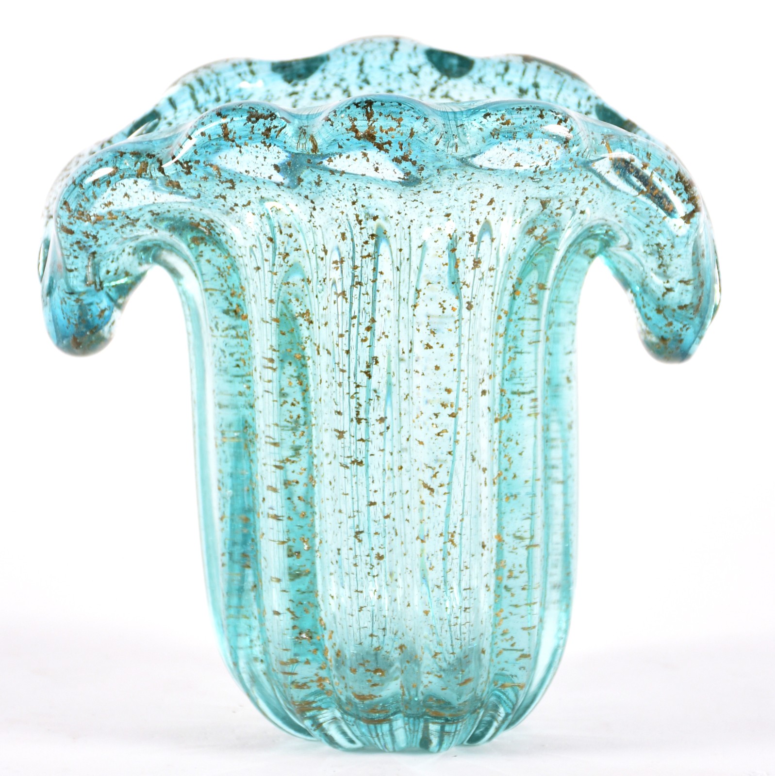 Vaso de vidro decorativo na cor azul com pó de ouro, borda feitio... - foto 1 de 4