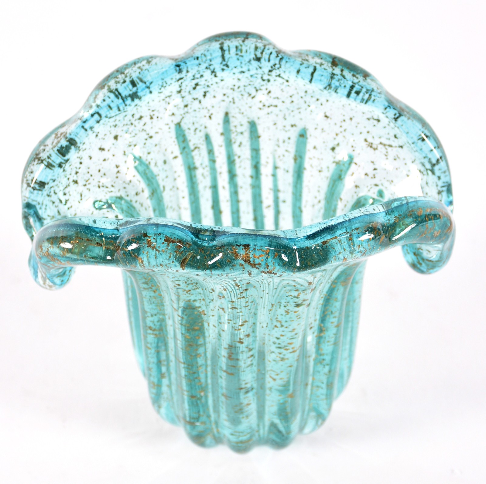 Vaso de vidro decorativo na cor azul com pó de ouro, borda feitio... - foto 2 de 4