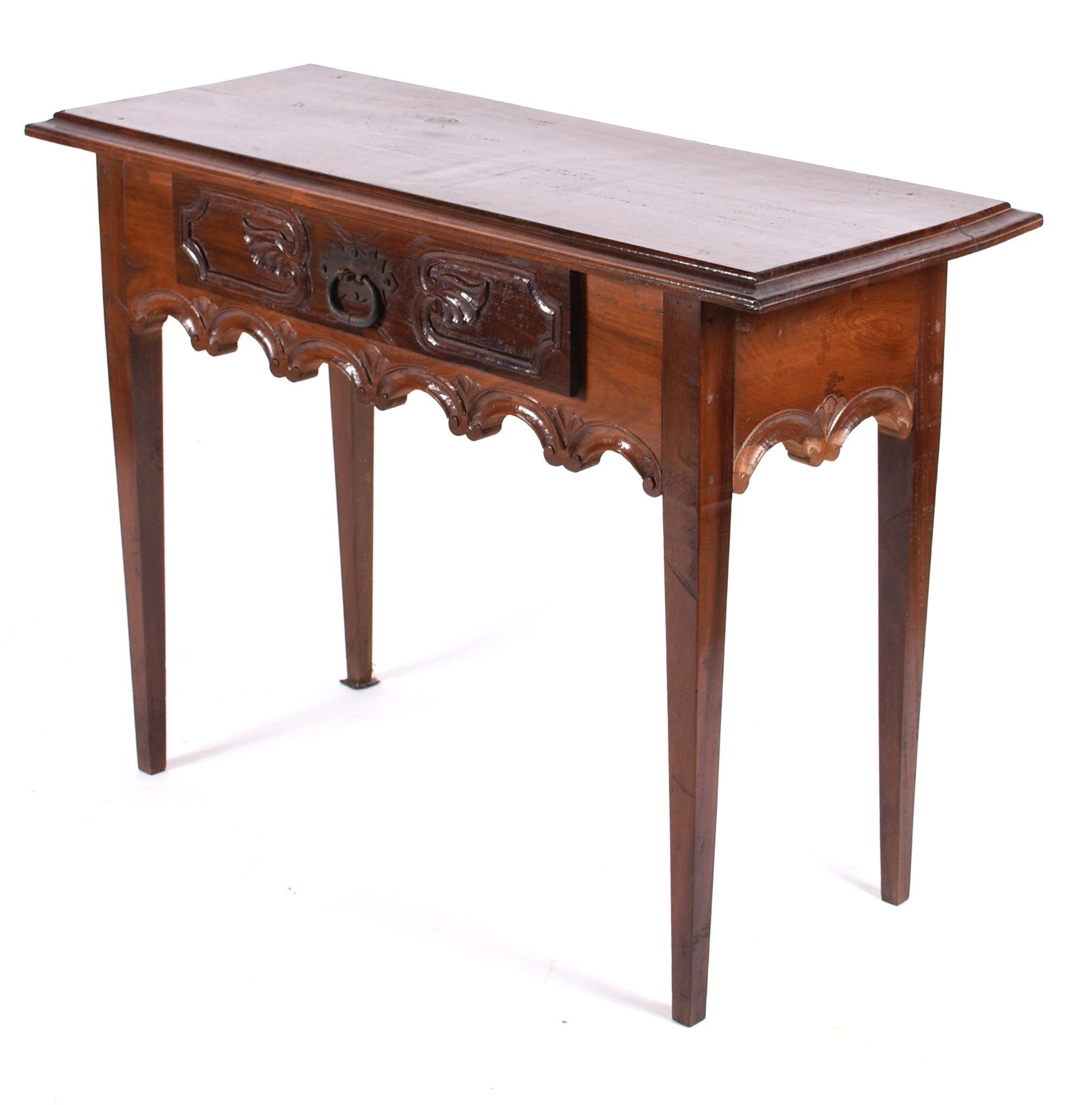 Console de madeira nobre, tampo retangular com uma gaveta, saia... - foto 1 de 5