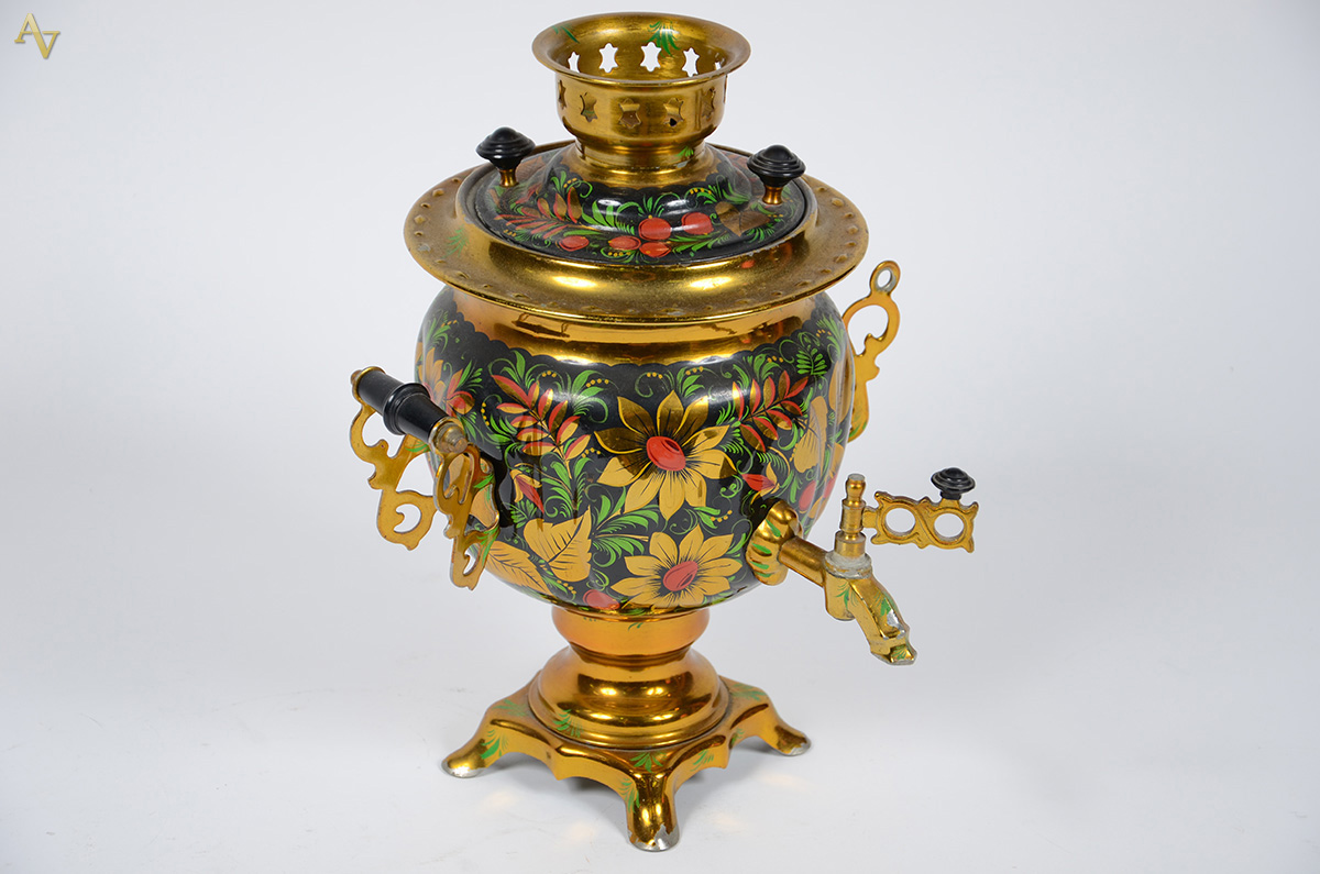 Samovar elétrico russo de metal dourado com flores em policromia... - foto 1 de 2
