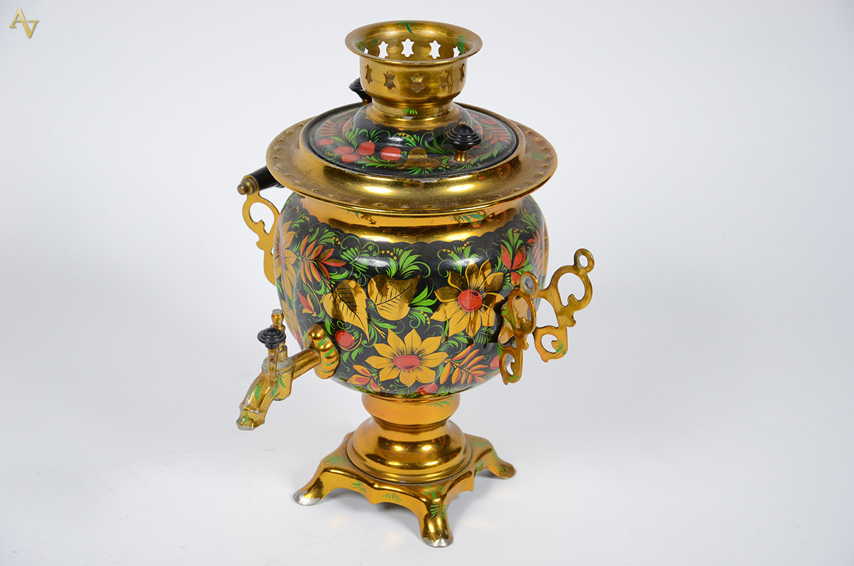 Samovar elétrico russo de metal dourado com flores em policromia... - foto 2 de 2