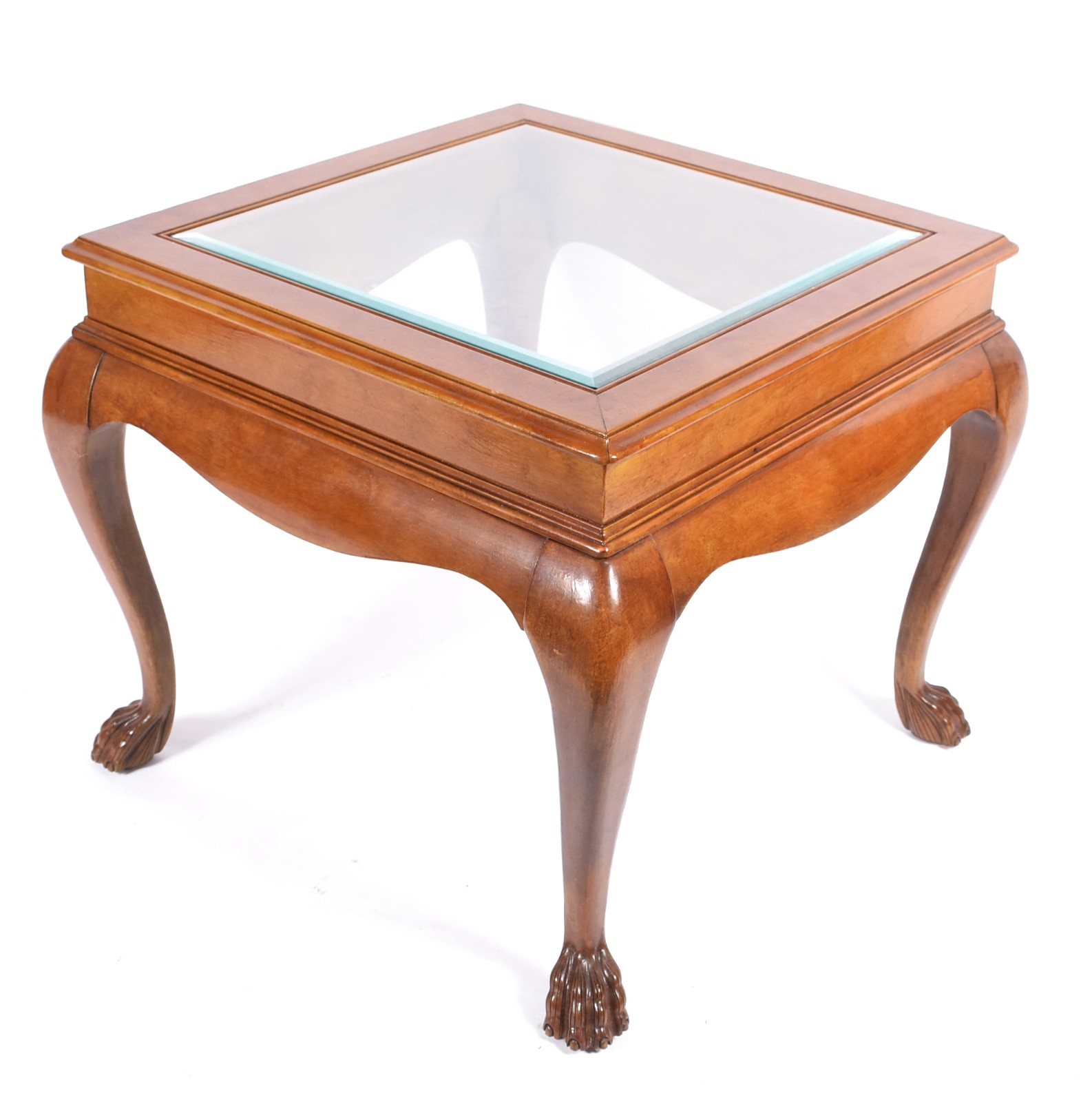 Mesa lateral de madeira nobre com tampo de vidro, saia recortada e... - foto 1 de 3